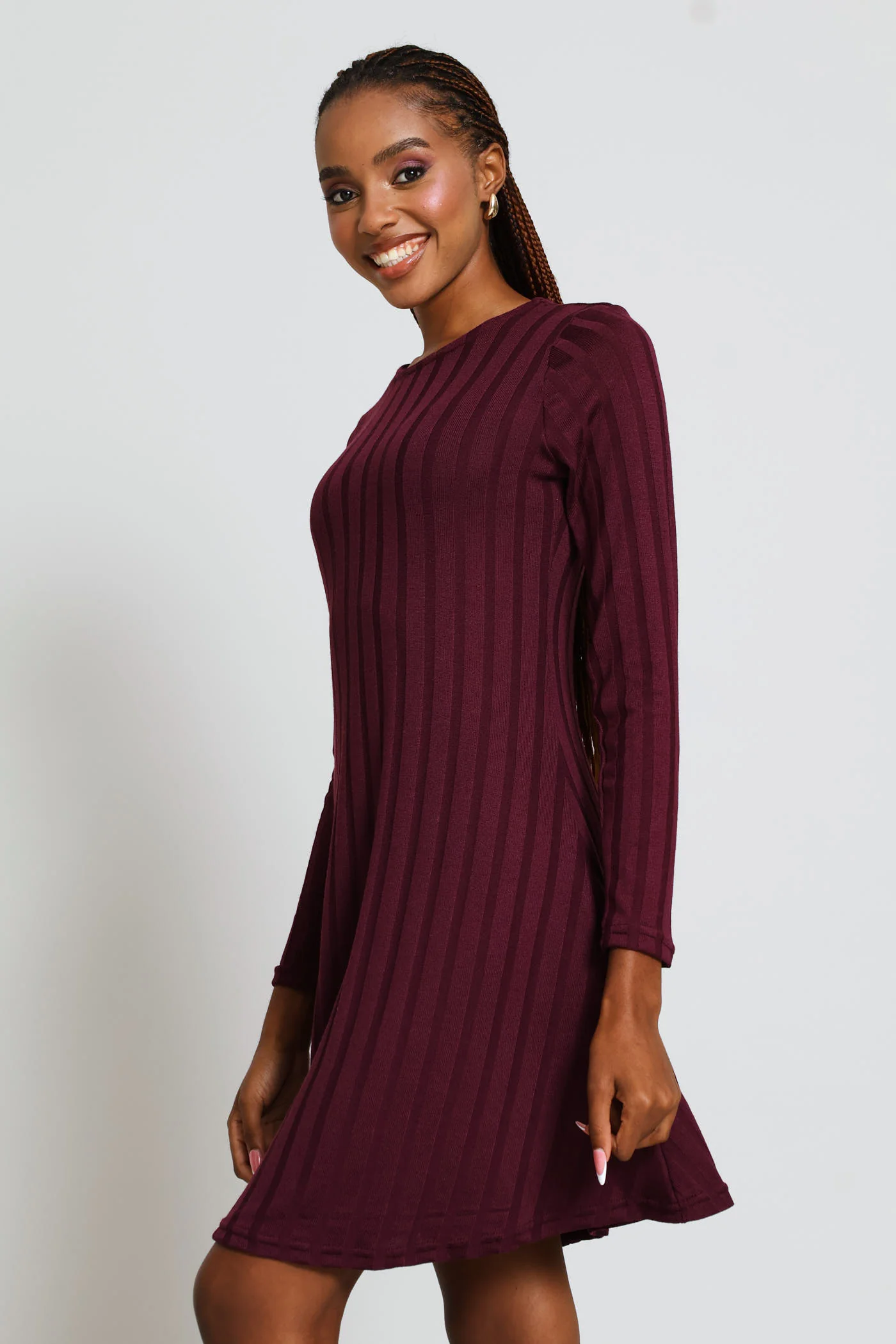 Long Sleeve Ribbed Fit & Flare Mini Dress - Plum - Image 3