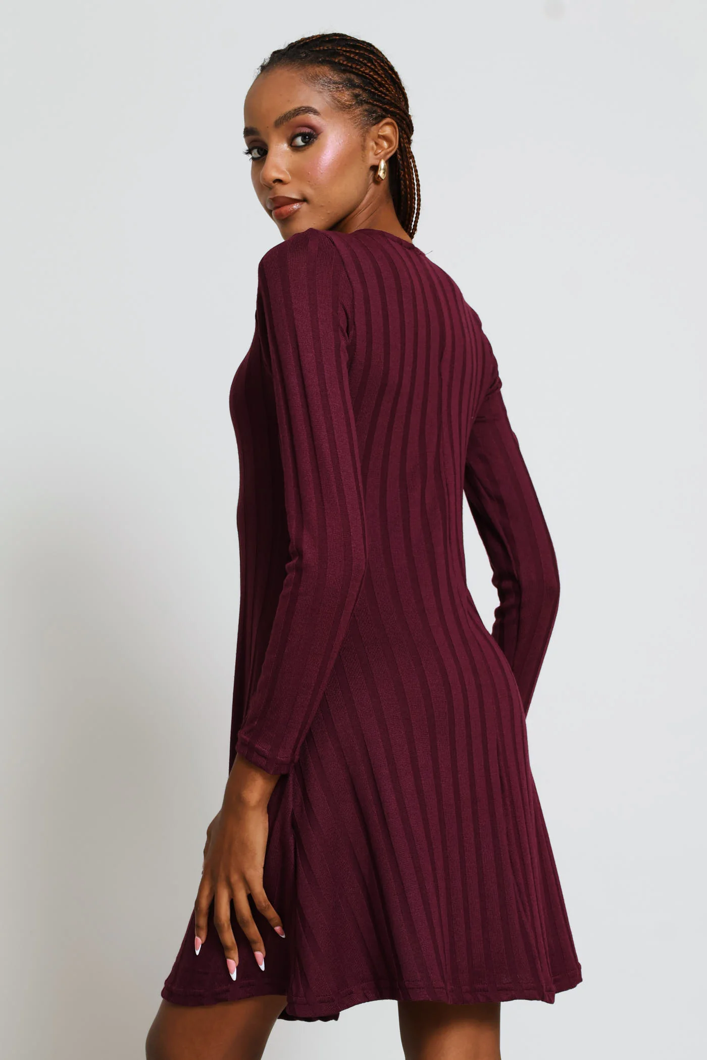 Long Sleeve Ribbed Fit & Flare Mini Dress - Plum - Image 4