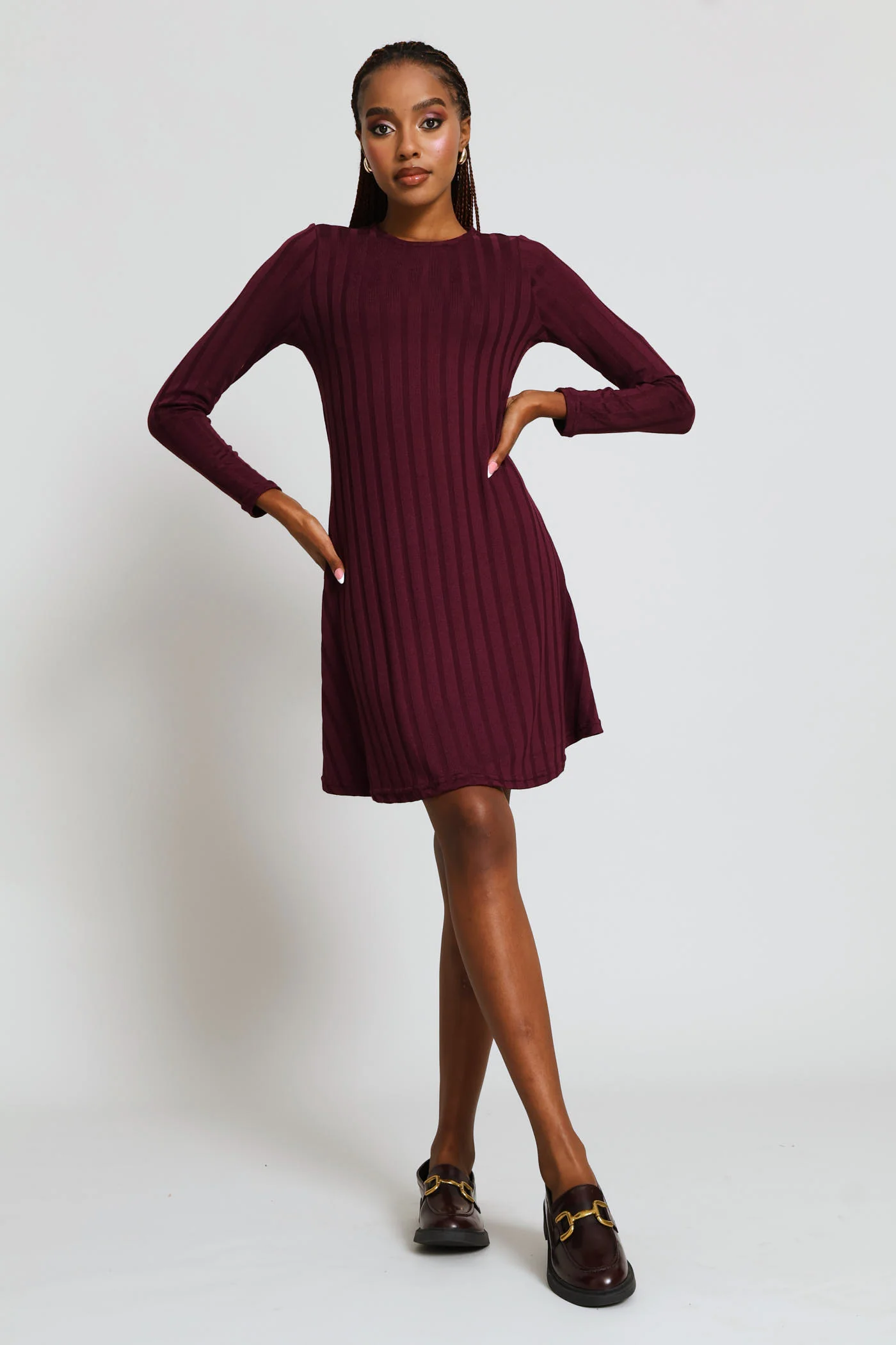 Long Sleeve Ribbed Fit & Flare Mini Dress - Plum - Image 5