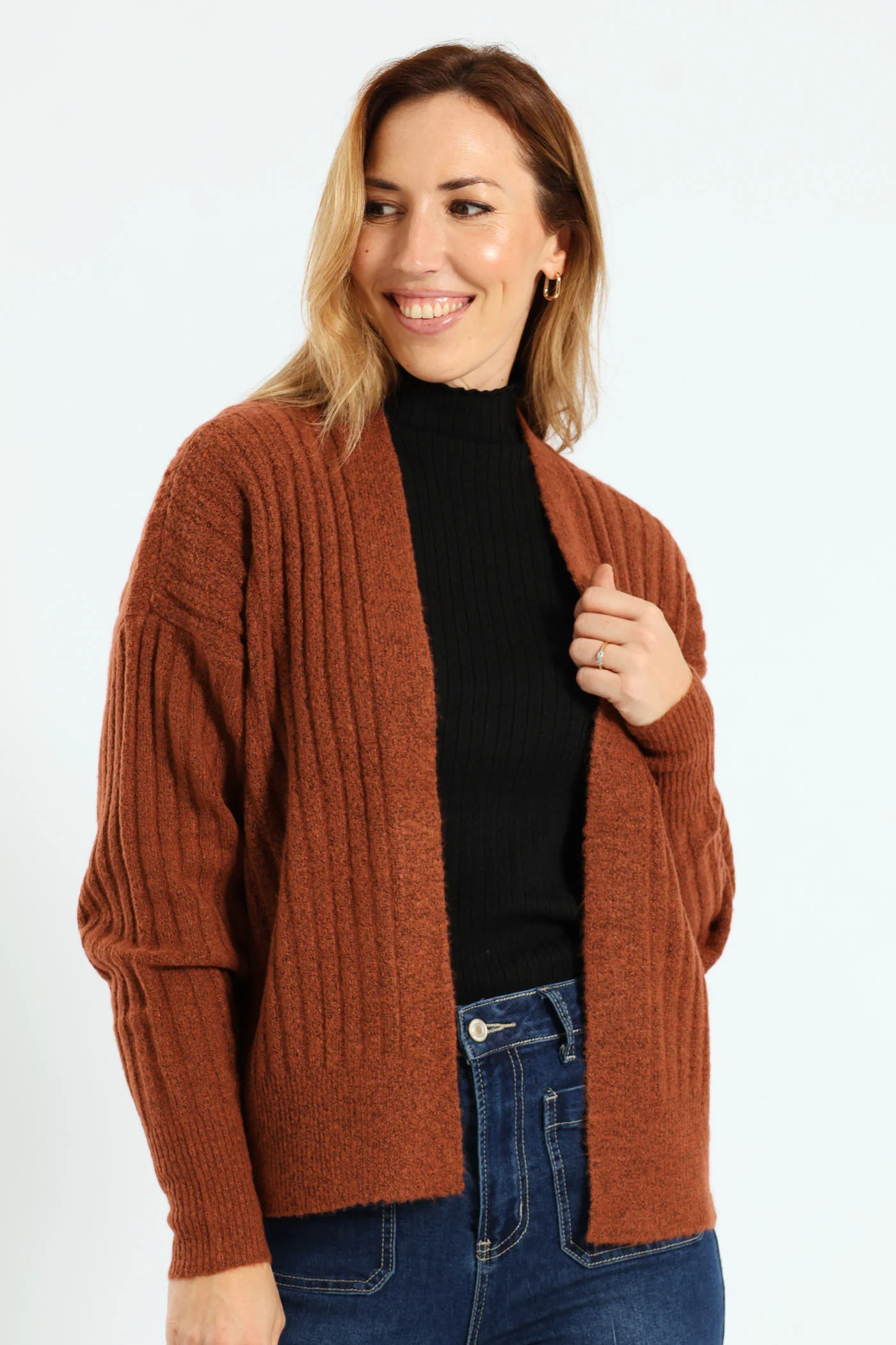 Long Sleeve Ribbed Slouchy Open Cardi - Rust - Image 2