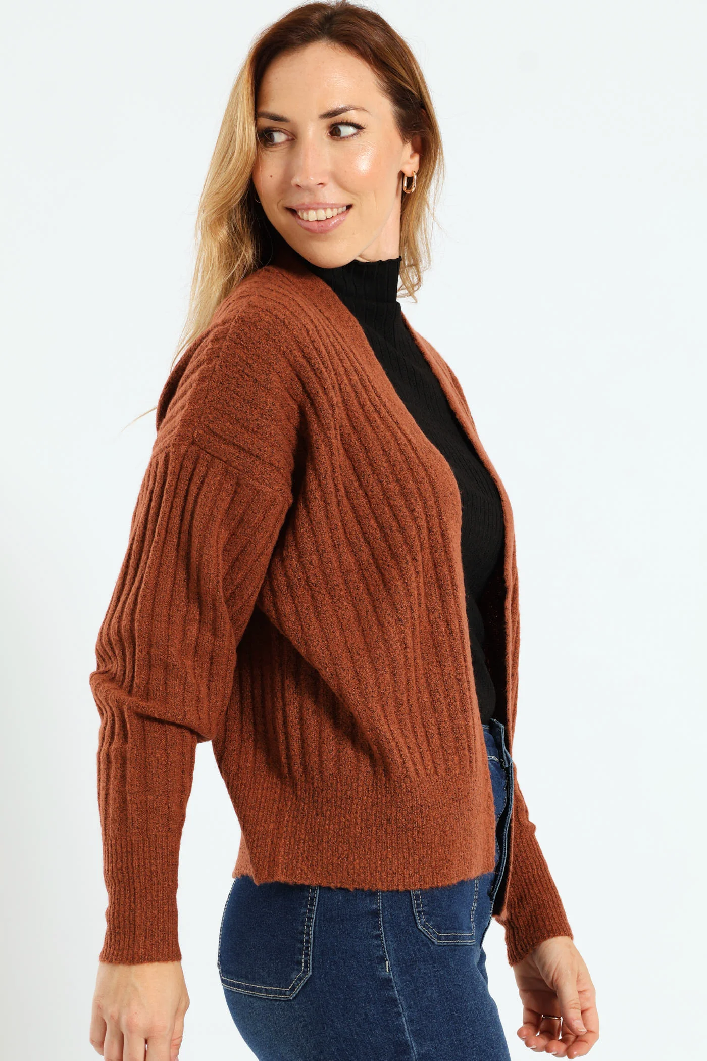 Long Sleeve Ribbed Slouchy Open Cardi - Rust - Image 3