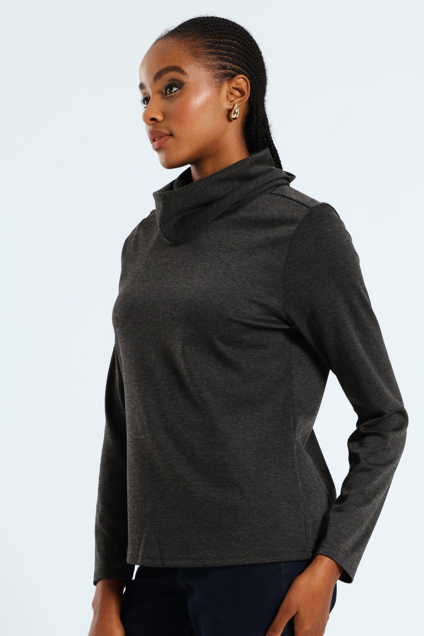 Long Sleeve Roll Neck Ponti Top - Charcoal Melange - Image 2