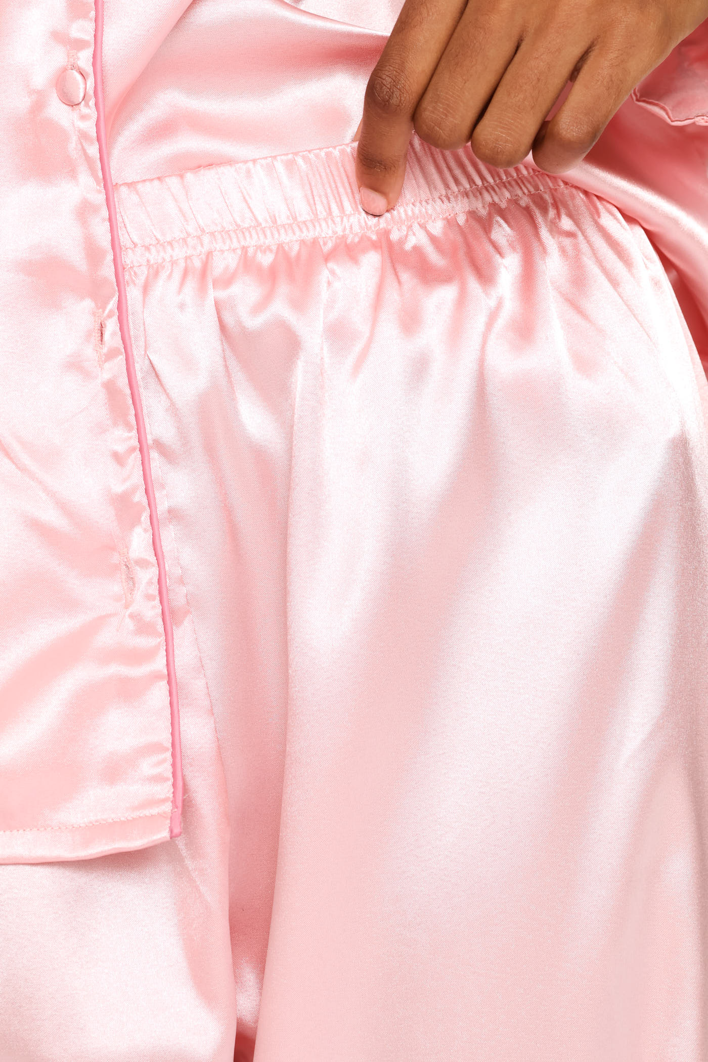 Long Sleeve Satin Button Through & Pant Set - Pink - Image 2