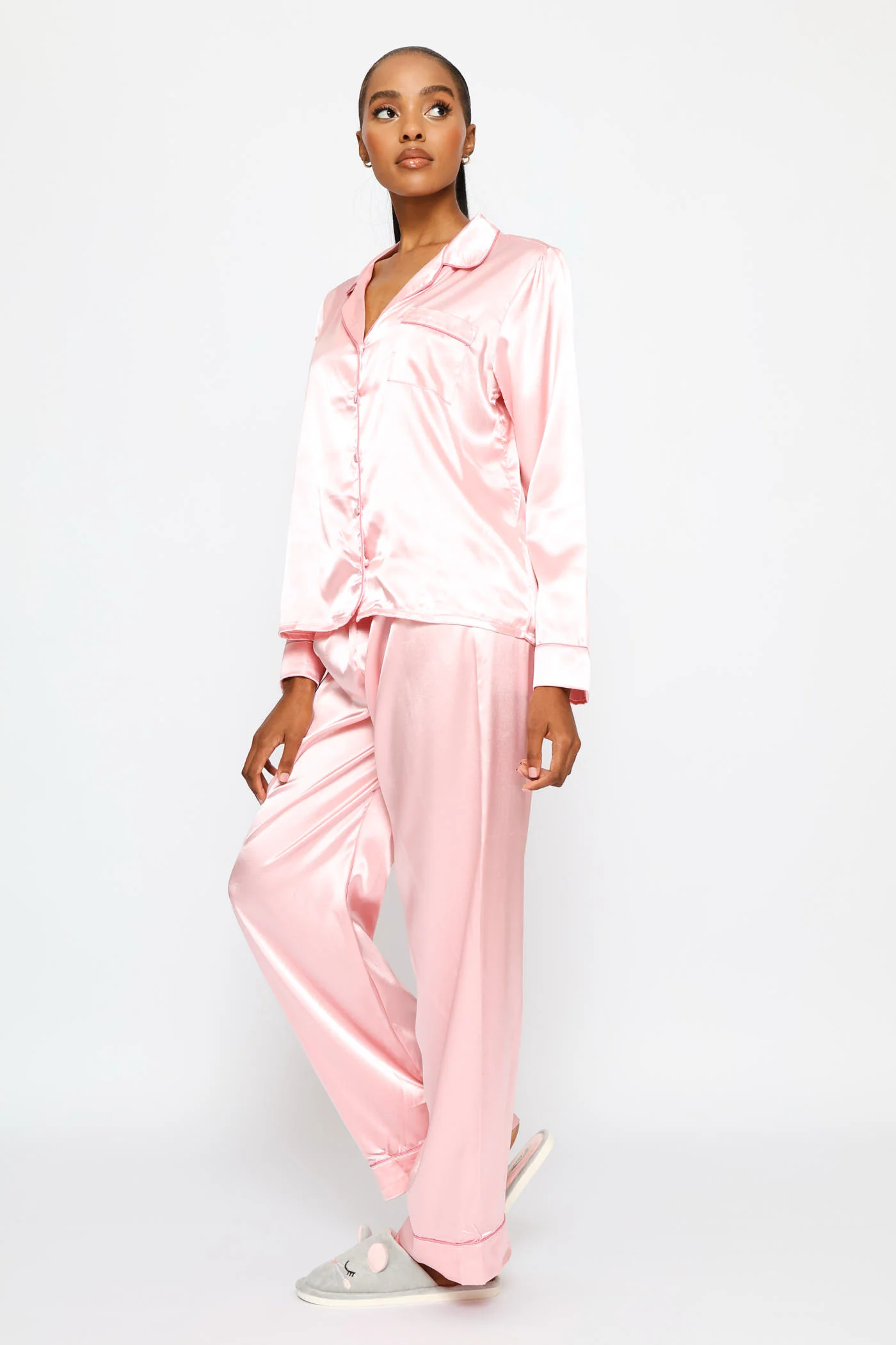 Long Sleeve Satin Button Through & Pant Set - Pink - Image 4