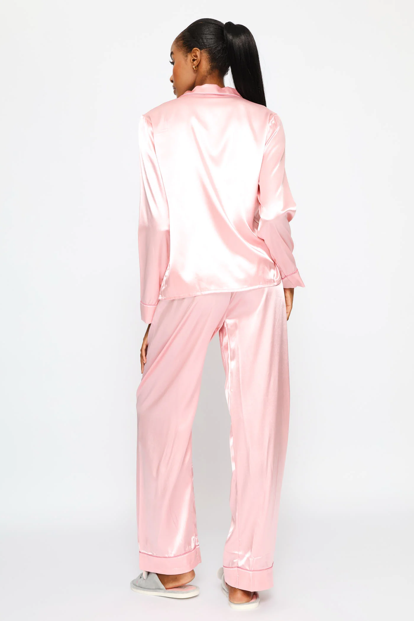 Long Sleeve Satin Button Through & Pant Set - Pink - Image 5