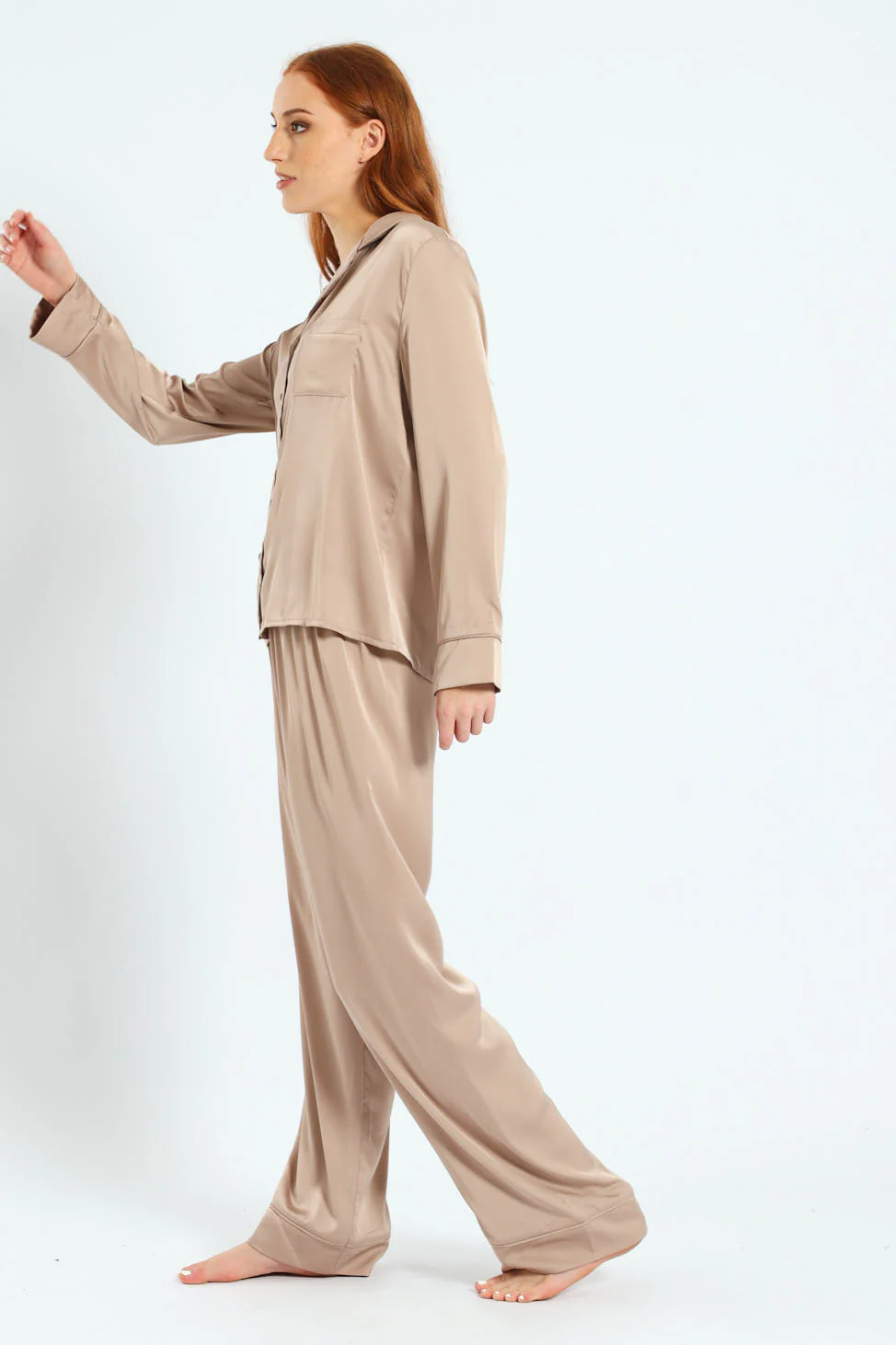 Long Sleeve Satin Button Through Top & Pants Set - Light Stone - Image 2