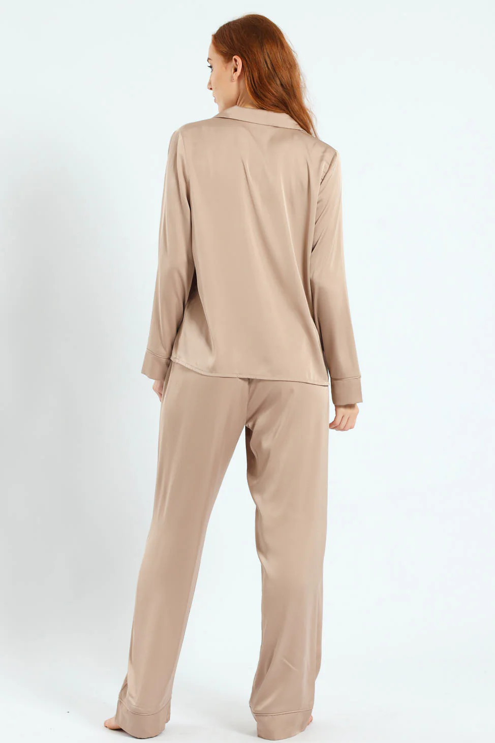 Long Sleeve Satin Button Through Top & Pants Set - Light Stone - Image 3
