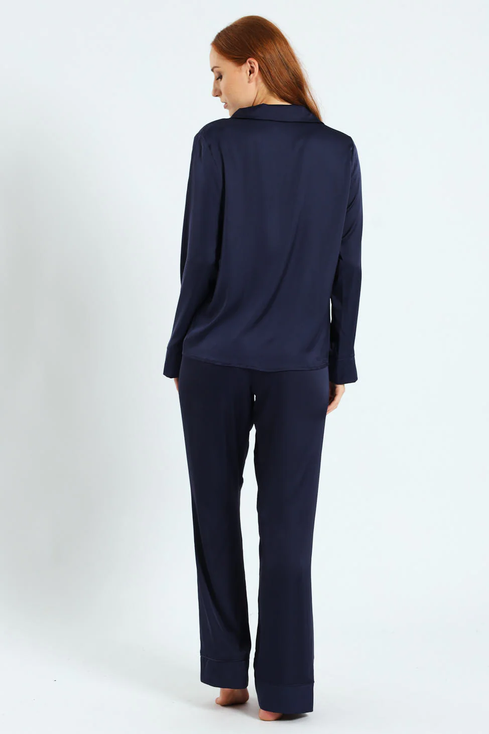 Long Sleeve Satin Button Through Top & Pant Set - Navy - Image 3