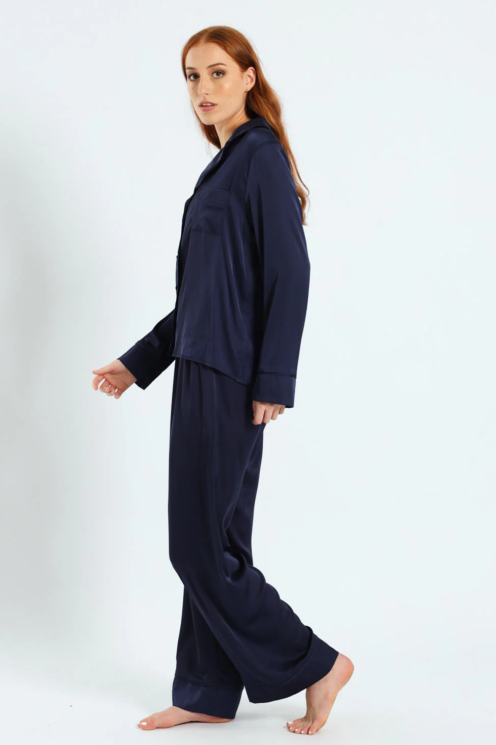 Long Sleeve Satin Button Through Top & Pant Set - Navy - Image 4
