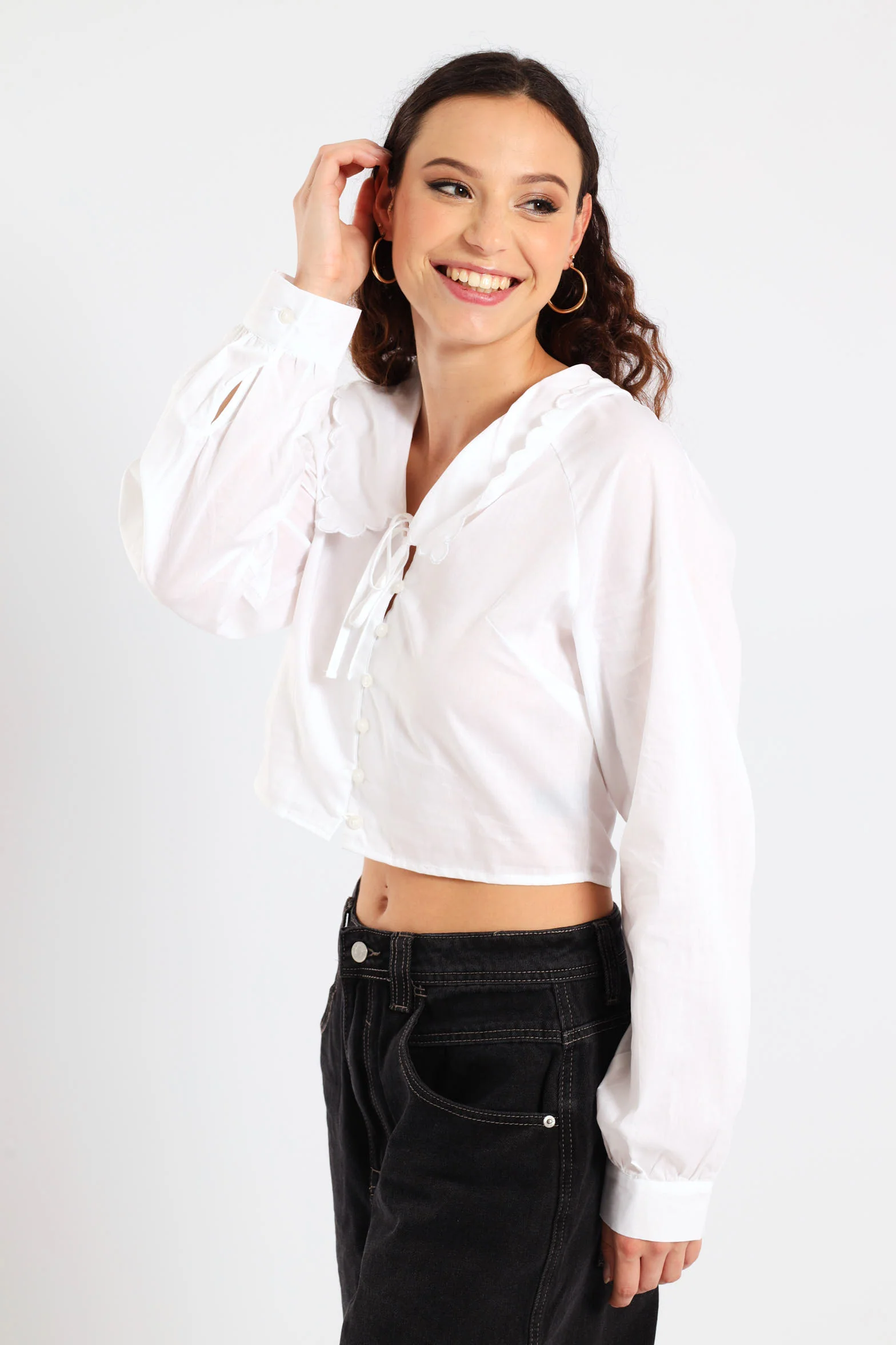 Long Sleeve Scallop Collar Shirt - White - Image 2