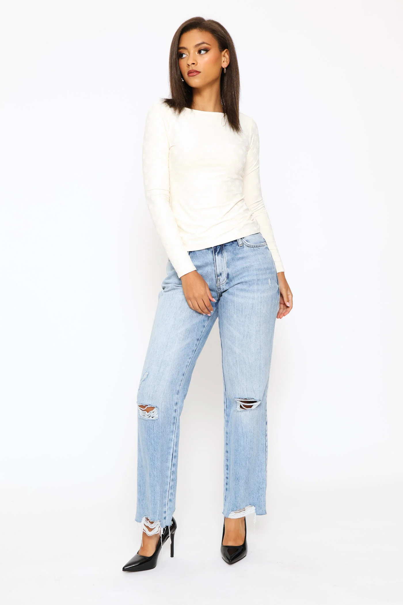 Long Sleeve Scoop Back Nadene Top - White - Image 6