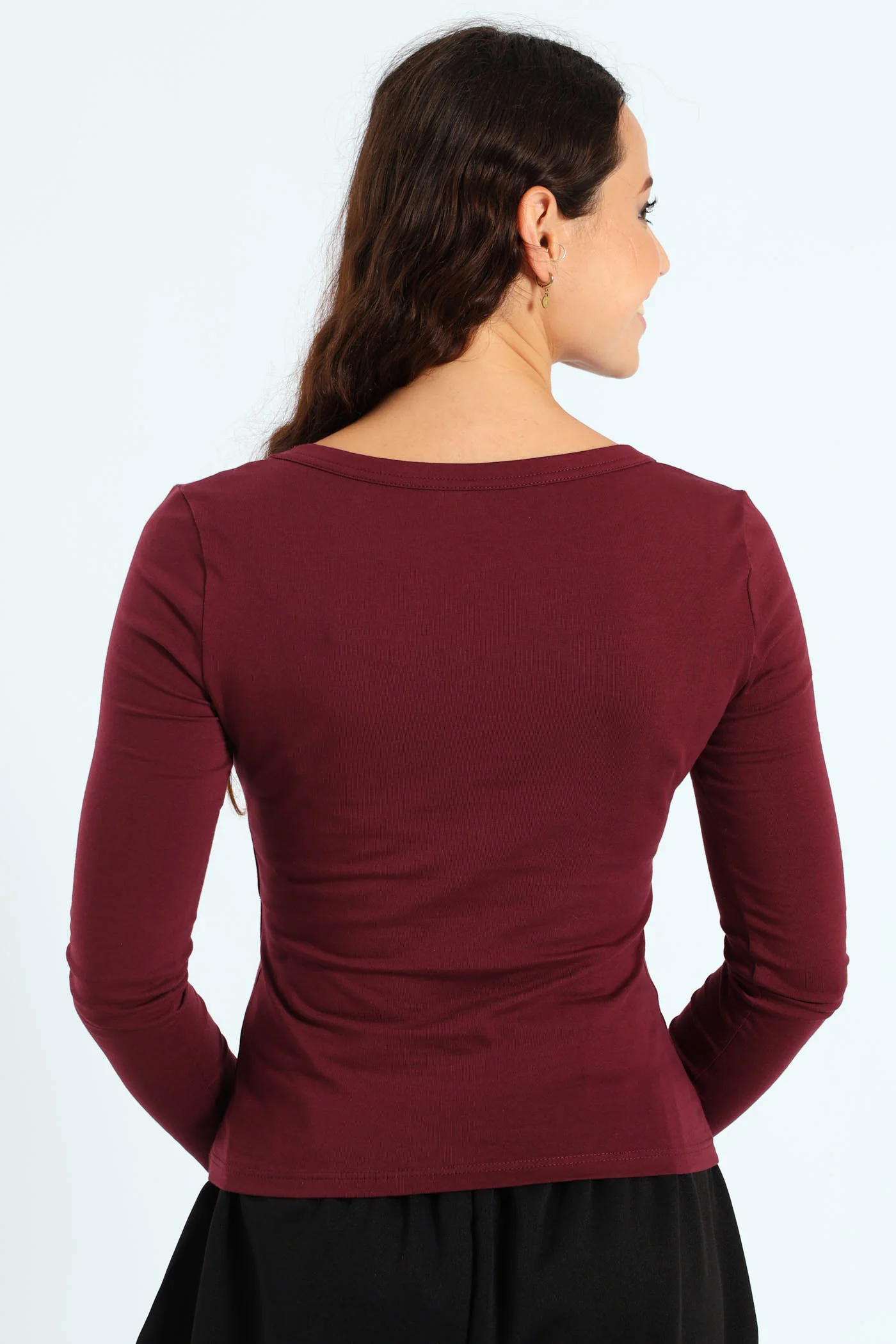 Long Sleeve Scoop Neck Basic Knit Top - Burgundy - Image 2