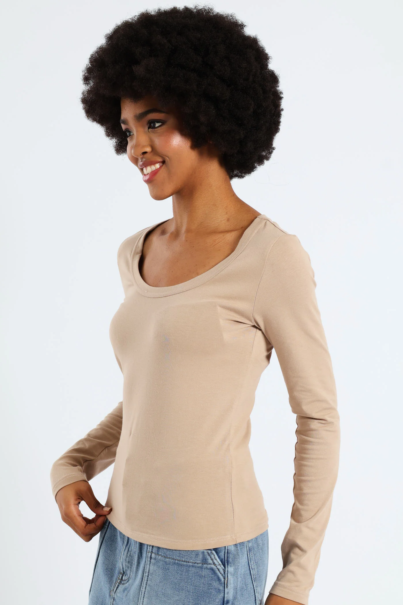 Long Sleeve Scoop Neck Basic Top - Stone - Image 2