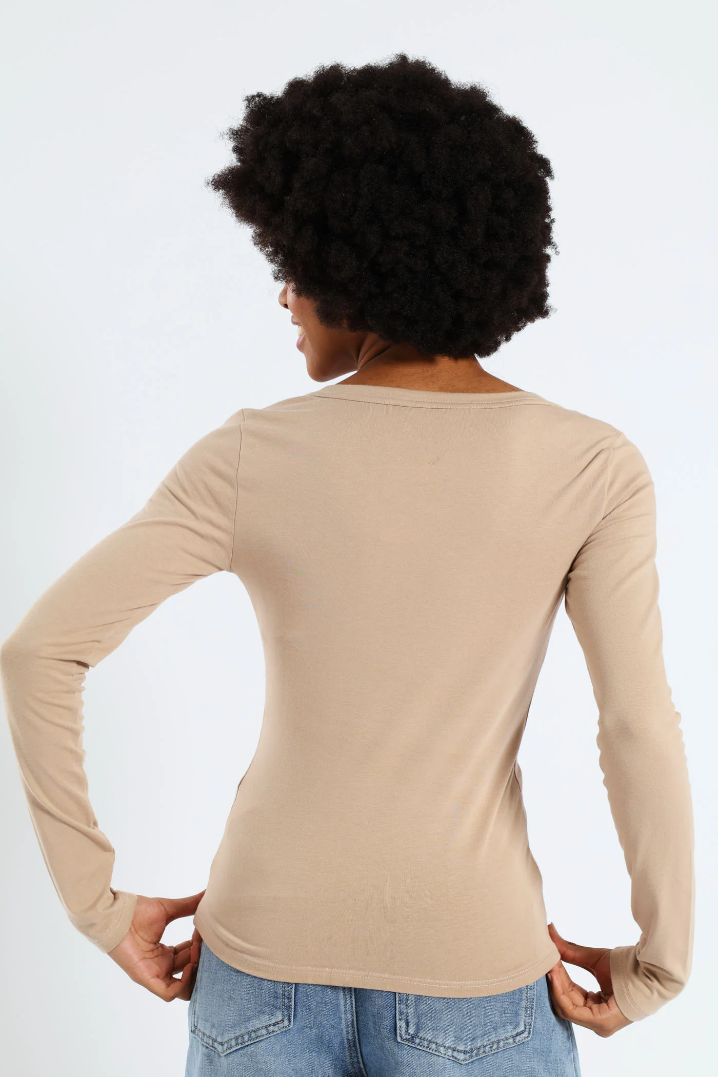Long Sleeve Scoop Neck Basic Top - Stone - Image 3