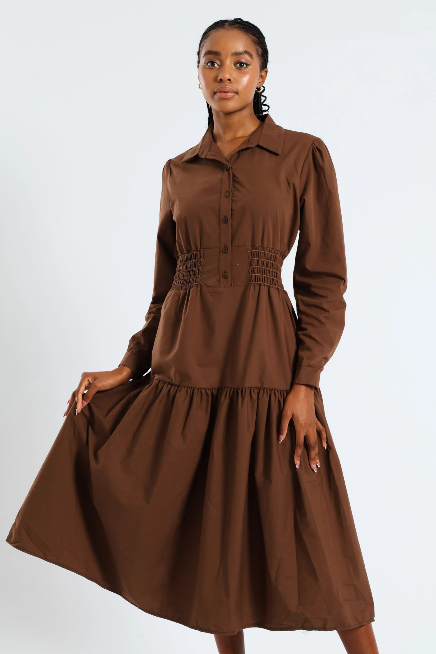 Long Sleeve Shirred Waist Tiered Midi Dress - Dark Brown - Image 2