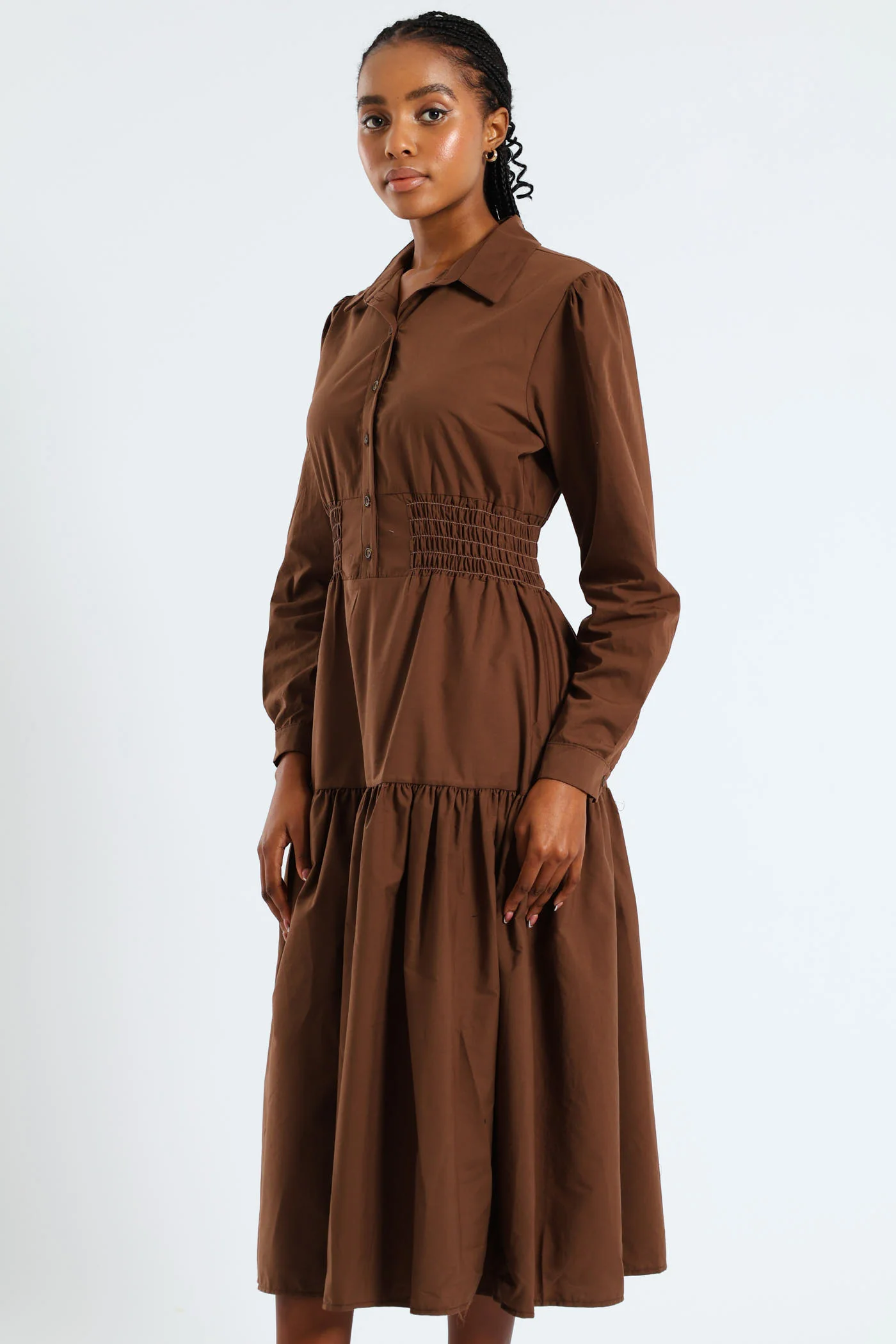 Long Sleeve Shirred Waist Tiered Midi Dress - Dark Brown - Image 3