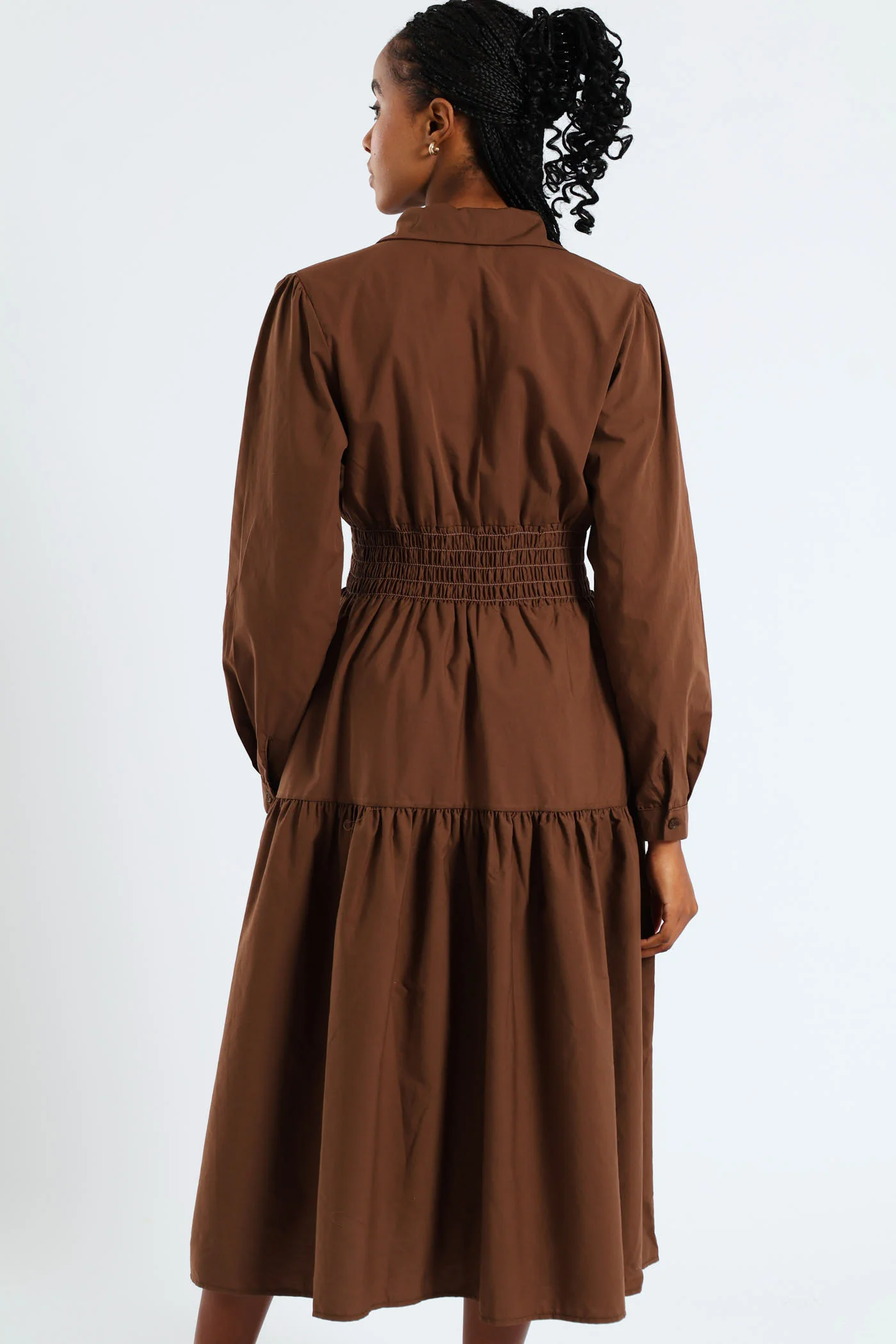 Long Sleeve Shirred Waist Tiered Midi Dress - Dark Brown - Image 4