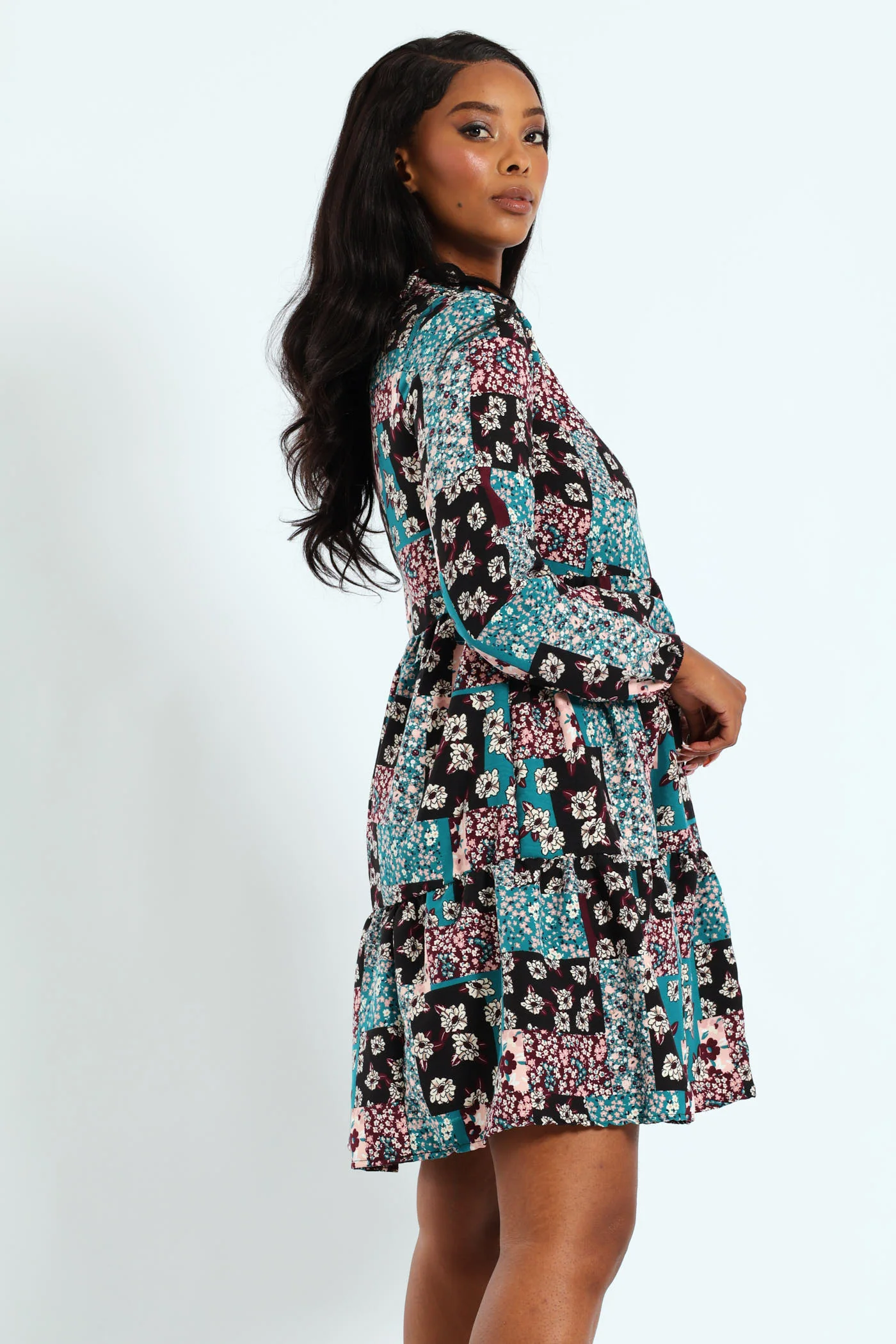 Long Sleeve Shirred Yoke Tiered Babydoll Mini Dress - Image 3