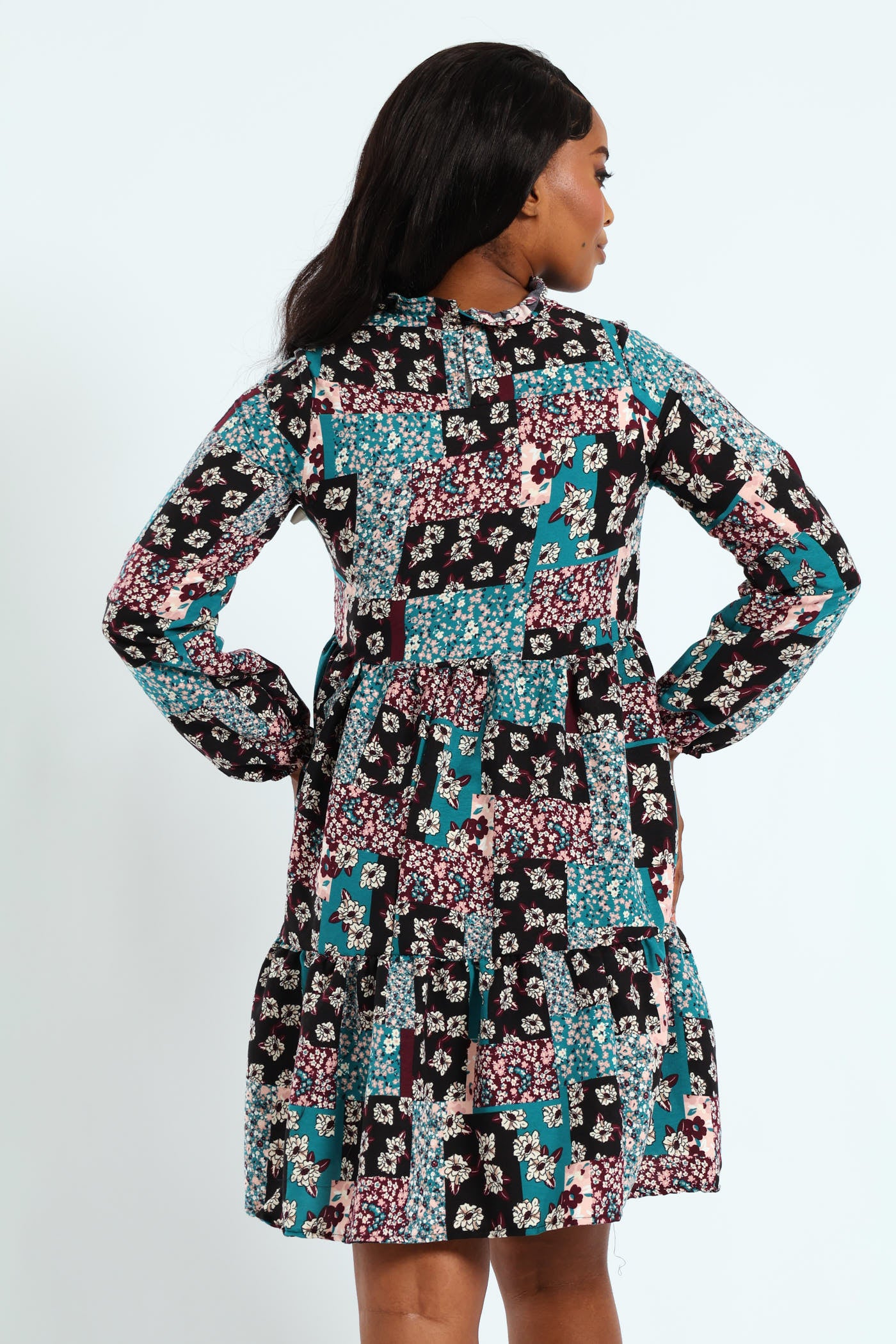 Long Sleeve Shirred Yoke Tiered Babydoll Mini Dress - Image 4