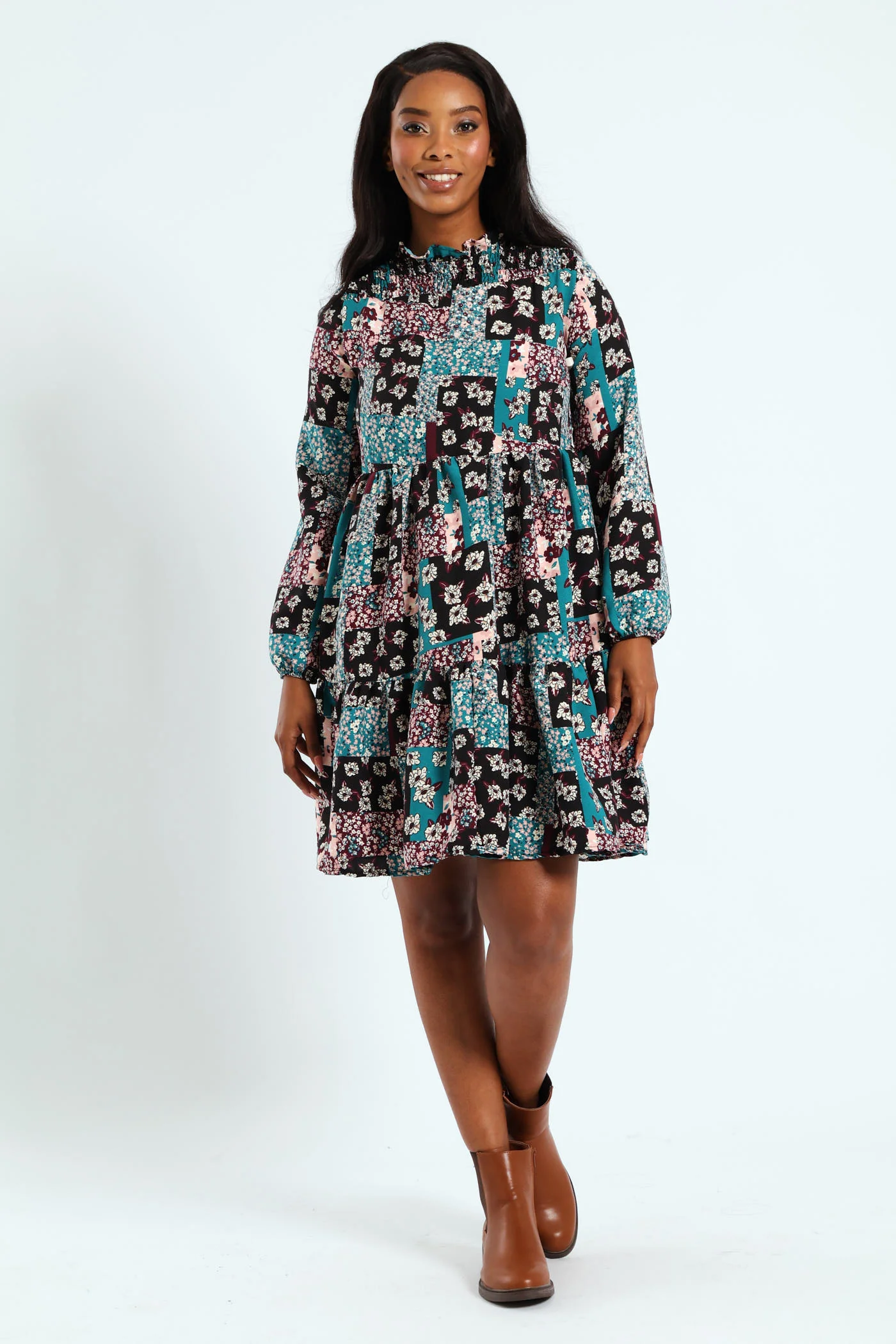 Long Sleeve Shirred Yoke Tiered Babydoll Mini Dress - Image 6
