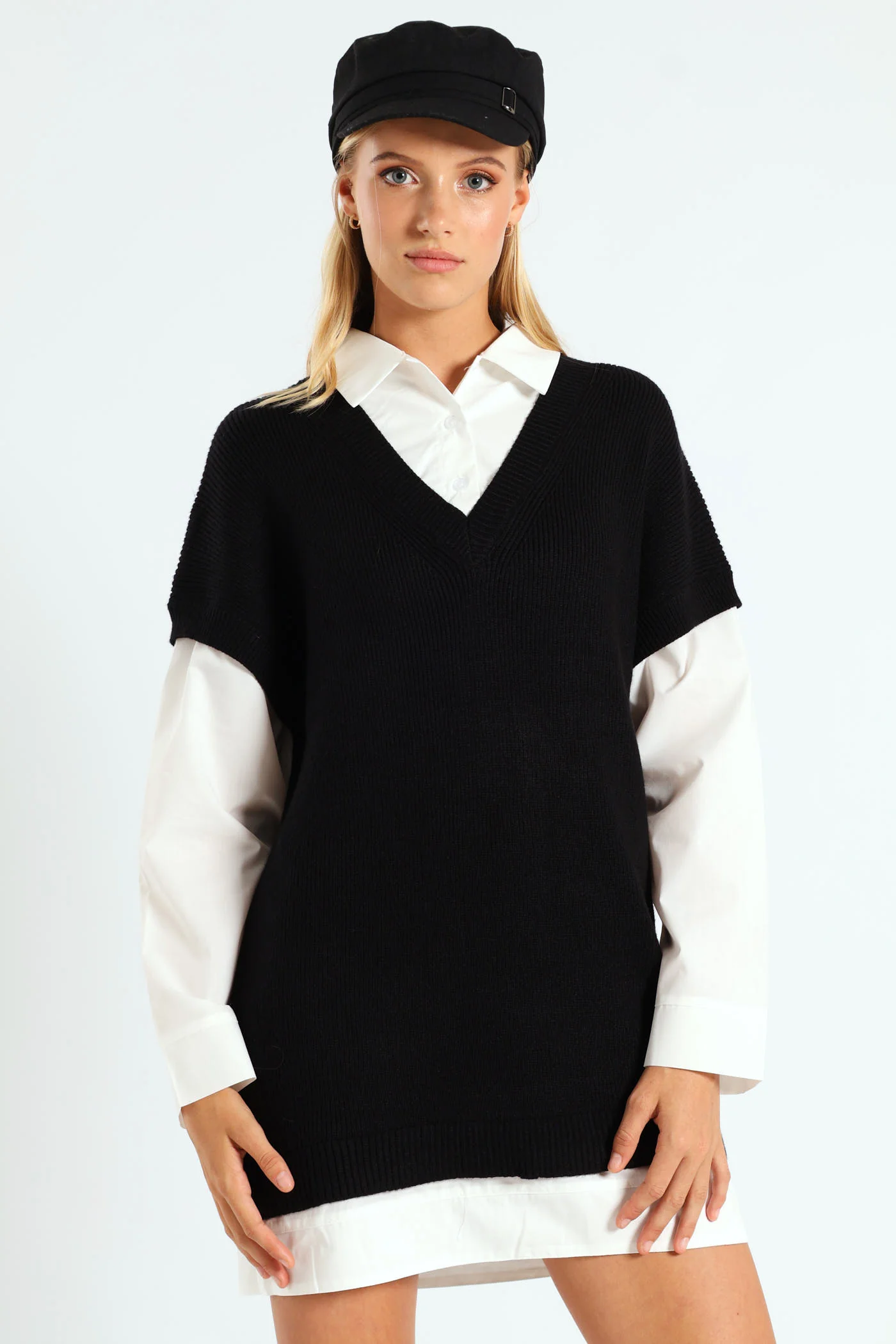 Long Sleeve Short Length Dress - Black/White - Image 2
