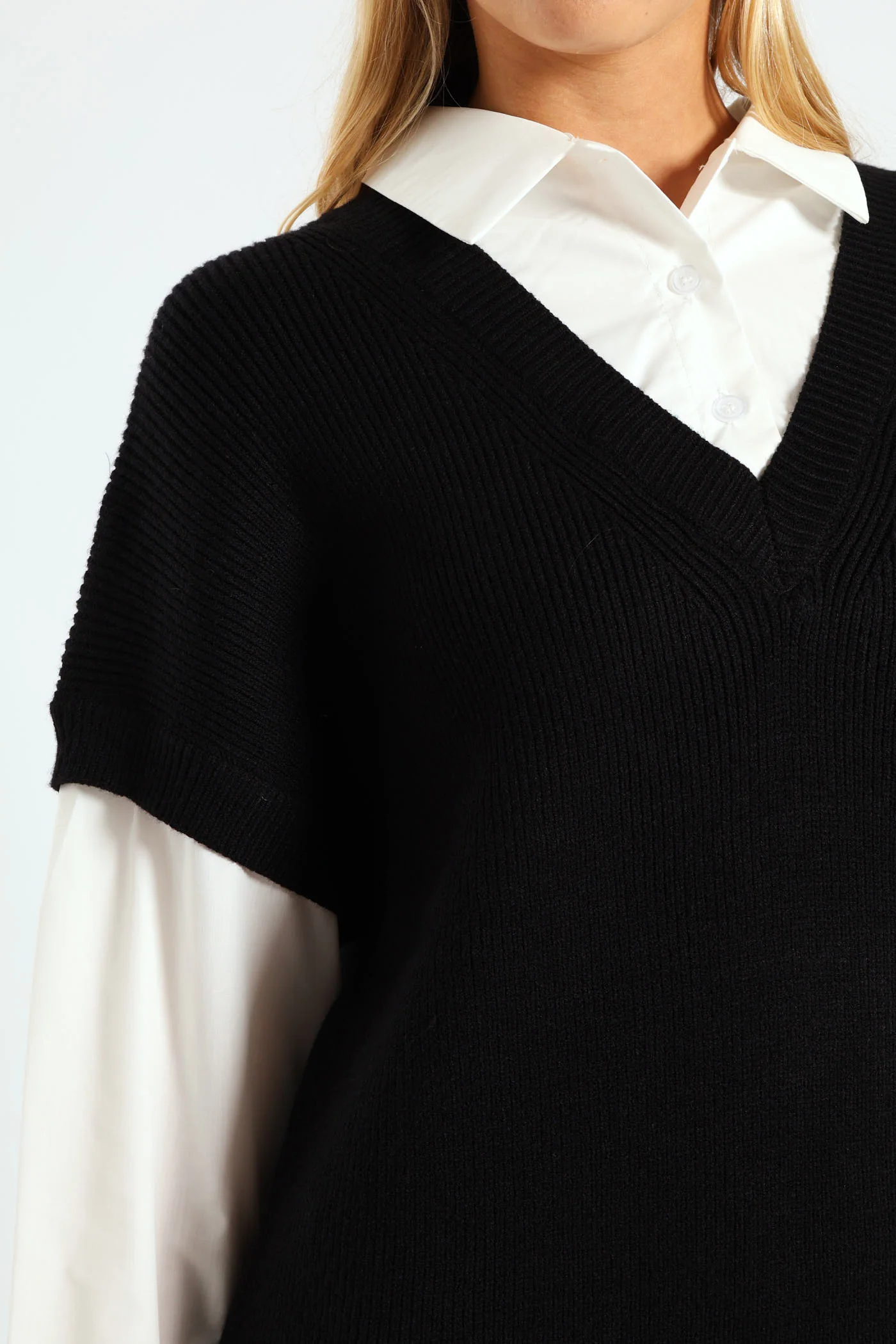 Long Sleeve Short Length Dress - Black/White - Image 3