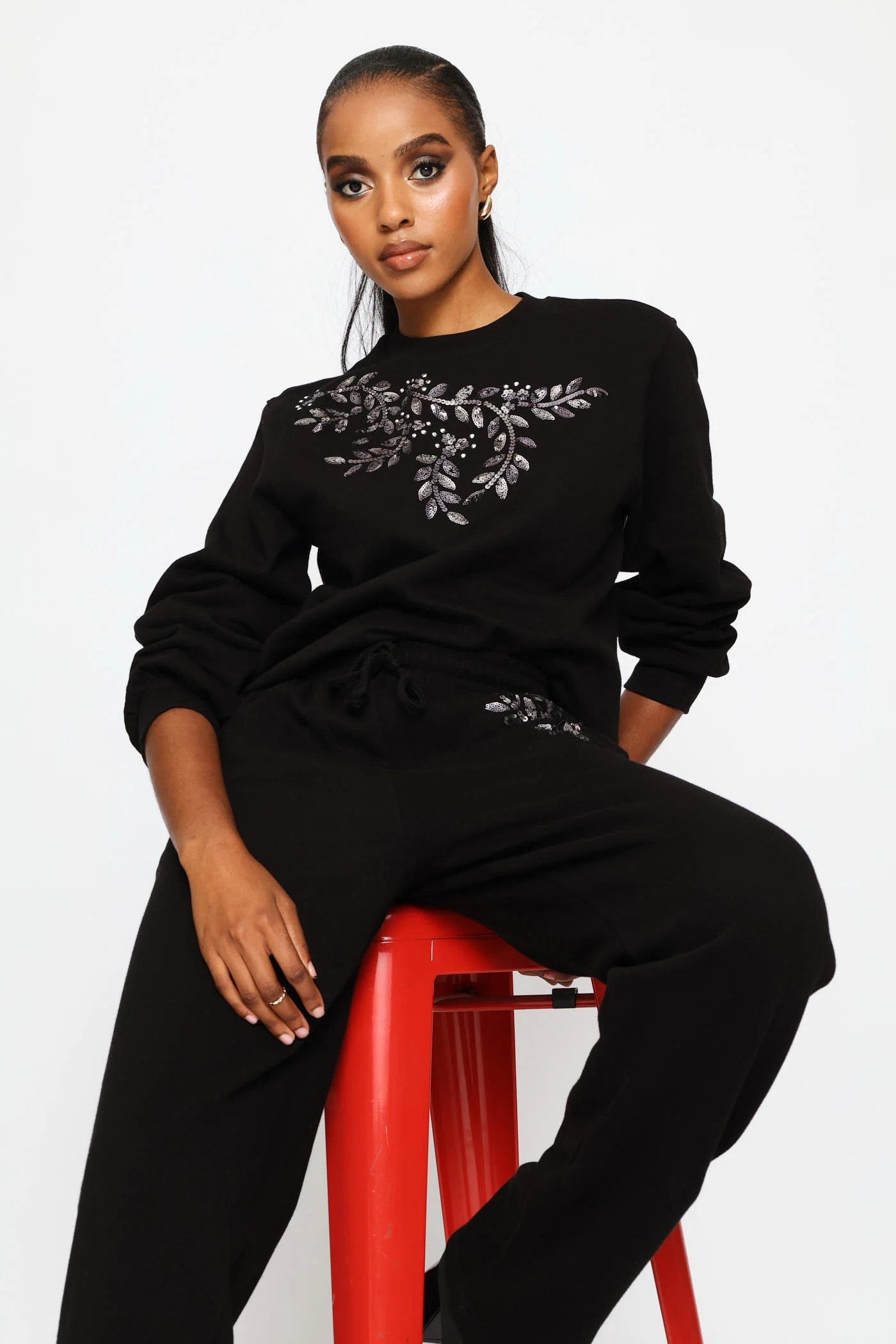 Long Sleeve  Shoulder Bead Detail Pullover - Black - Image 2