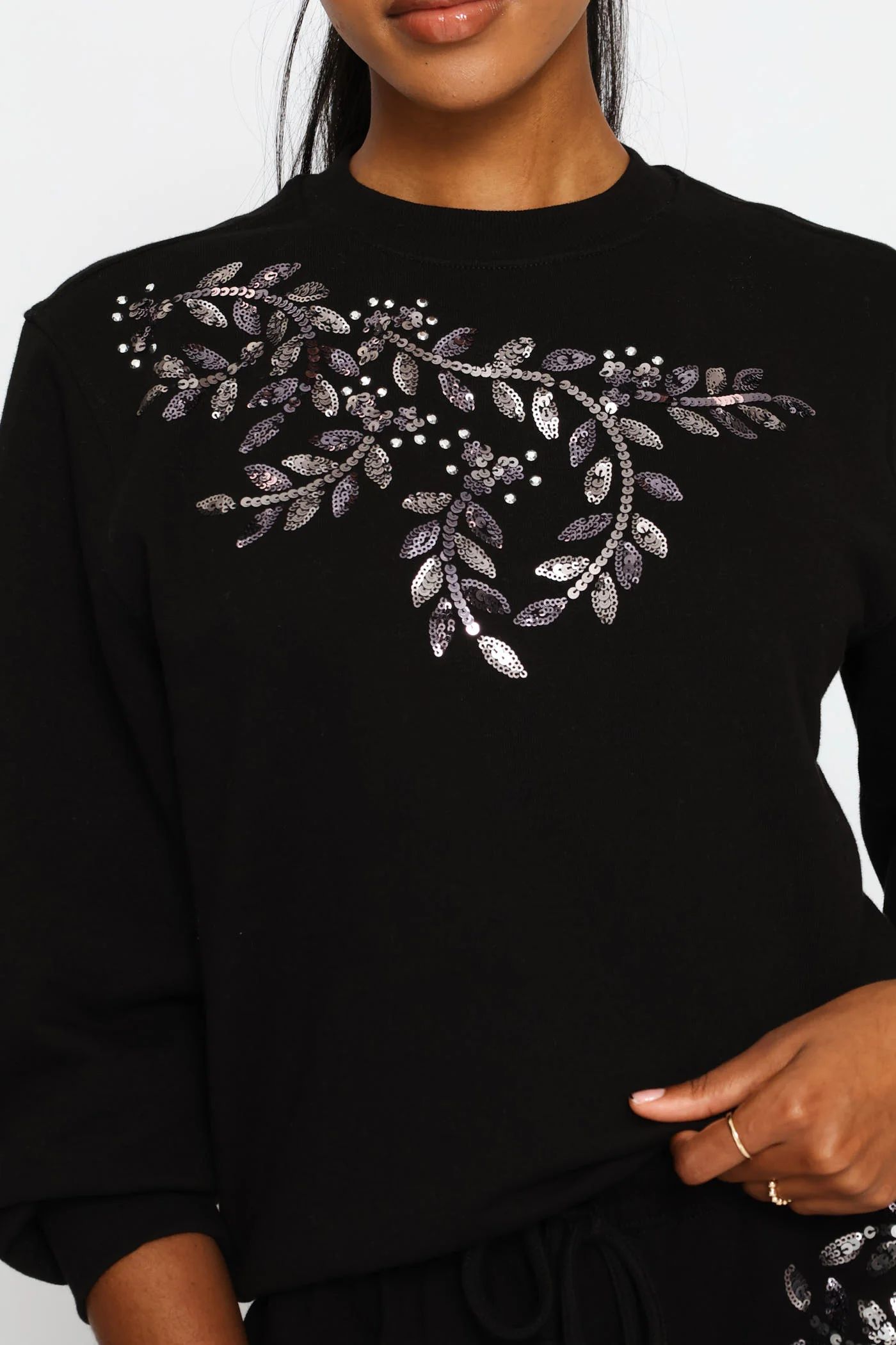 Long Sleeve  Shoulder Bead Detail Pullover - Black - Image 3