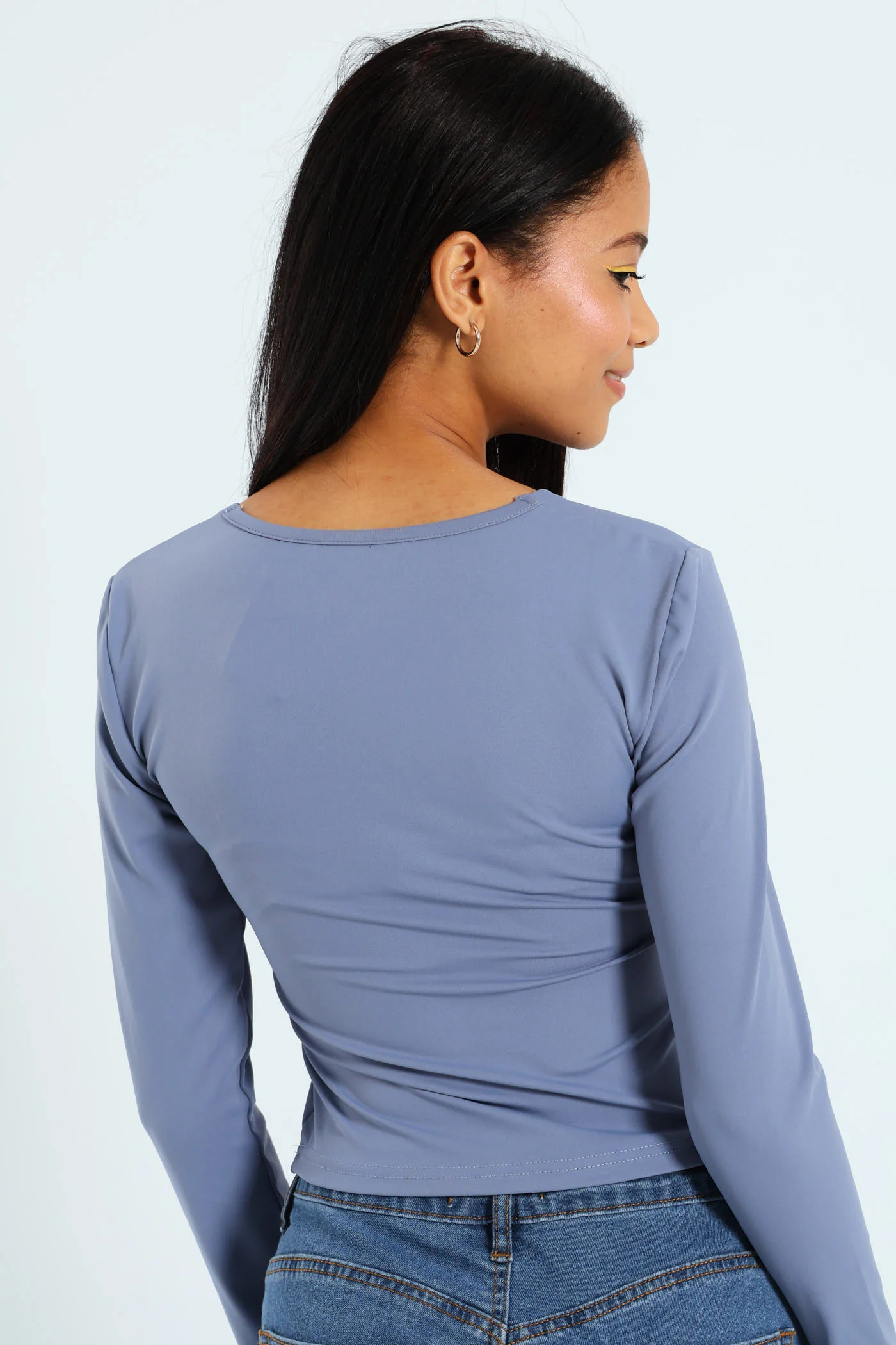 Long Sleeve Skin Tight Basic Square Neck Top - Airforce - Image 2