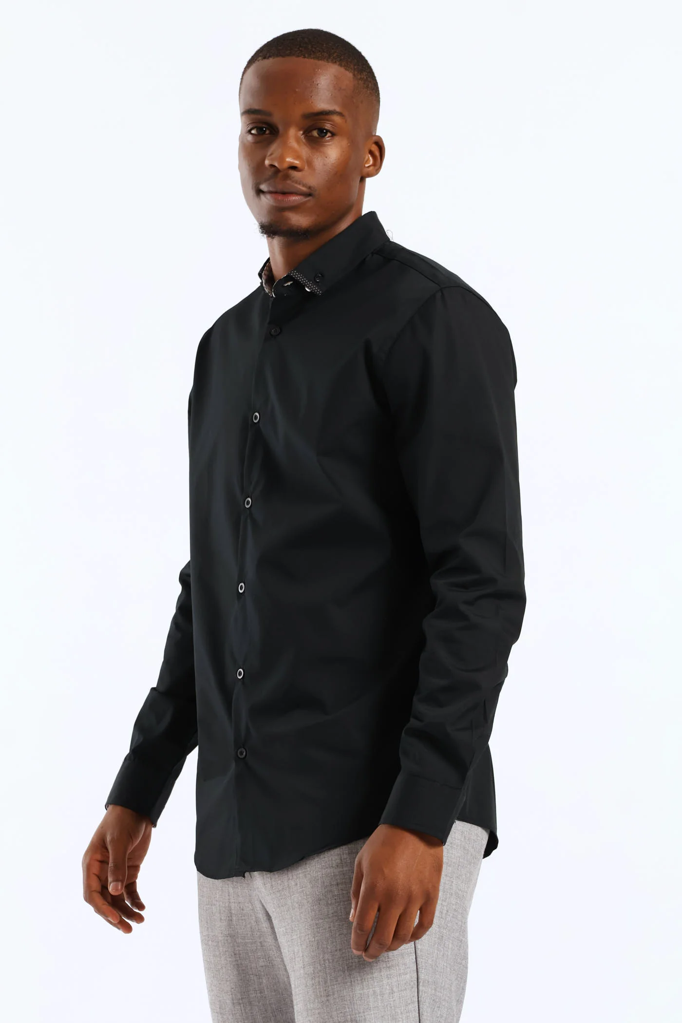 Long Sleeve Slim Contrast Detail Shirt - Black - Image 3