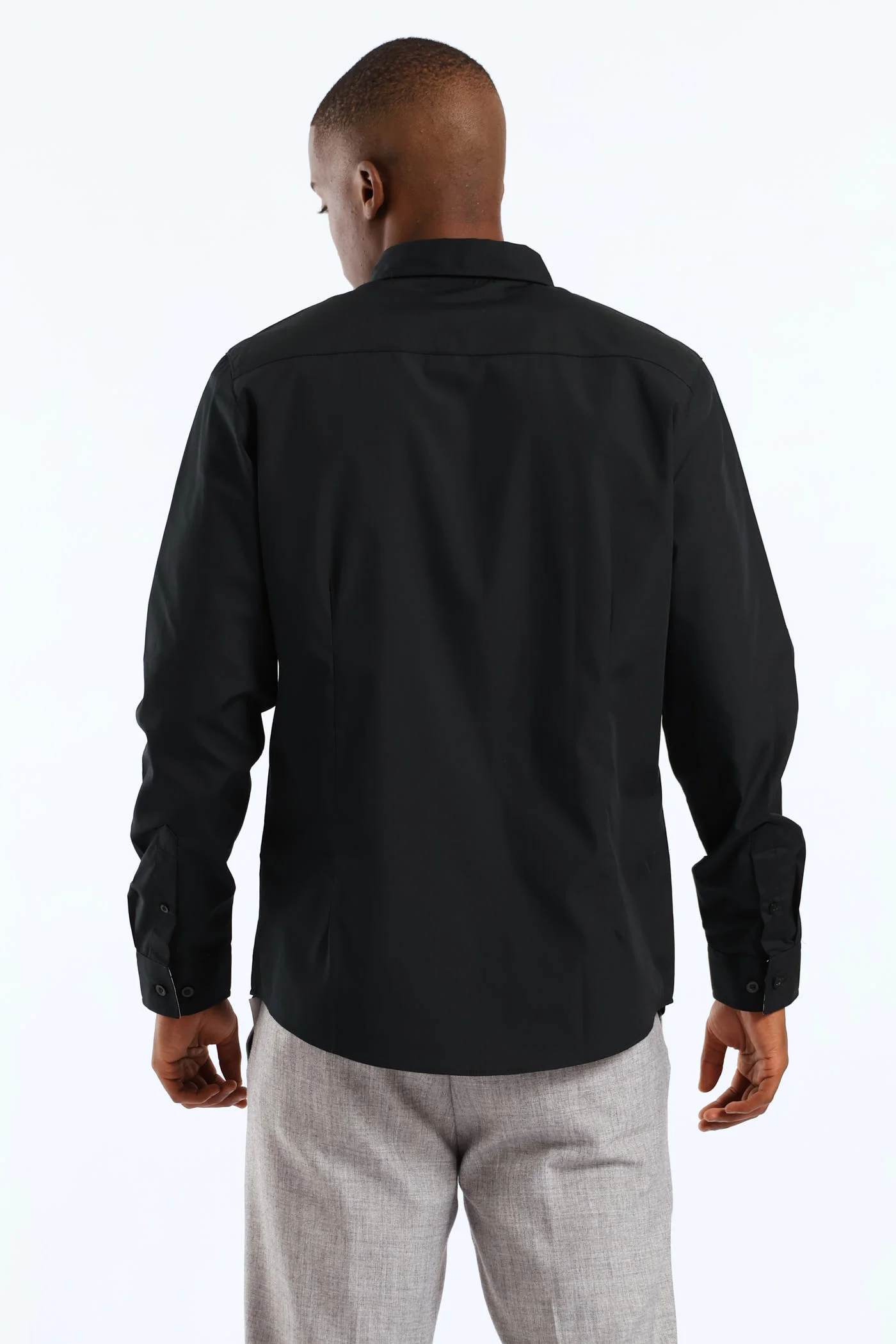 Long Sleeve Slim Contrast Detail Shirt - Black - Image 4