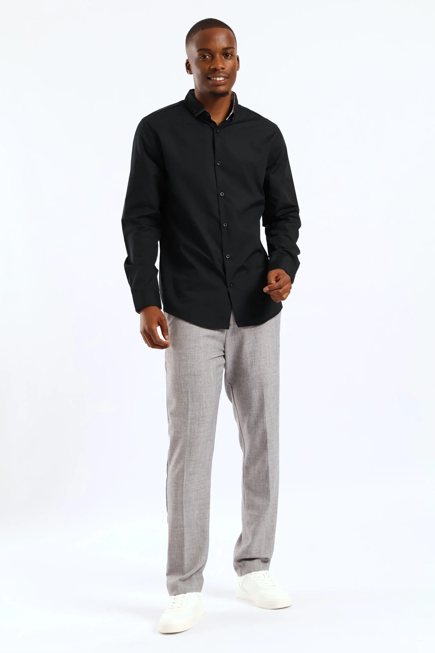 Long Sleeve Slim Contrast Detail Shirt - Black - Image 5