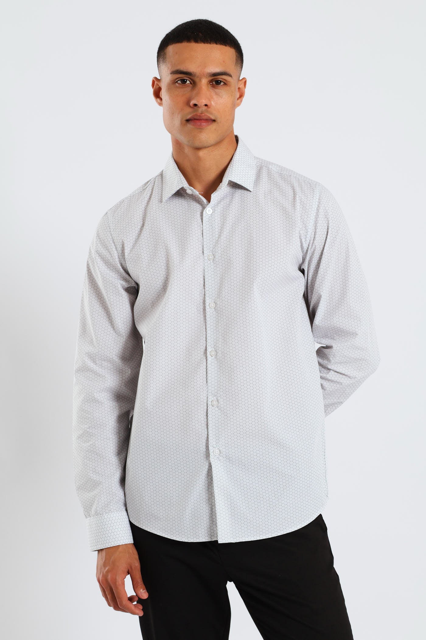 Long Sleeve Slim Geometric Pattern Print Shirt - Grey/White - Image 2