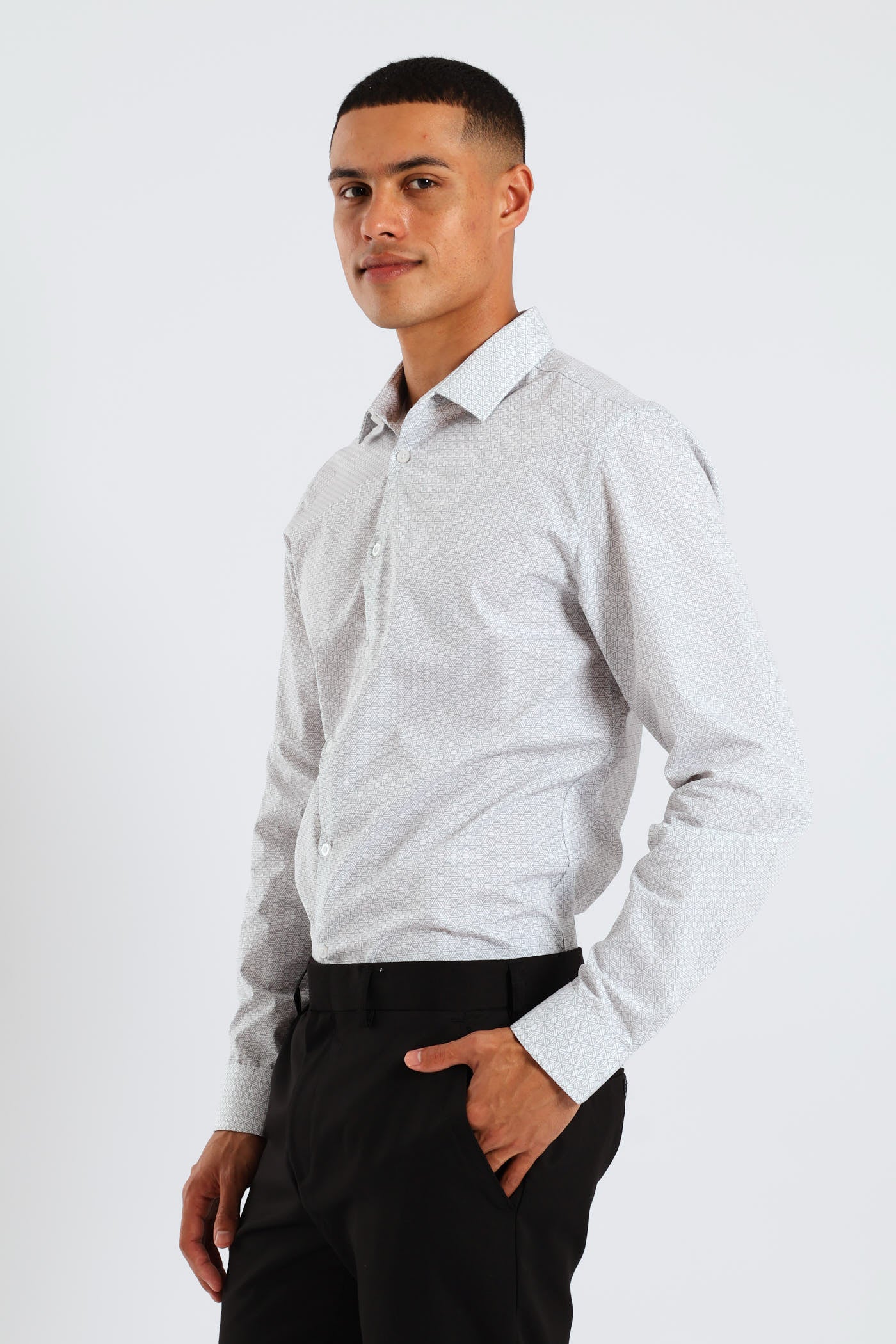 Long Sleeve Slim Geometric Pattern Print Shirt - Grey/White - Image 3