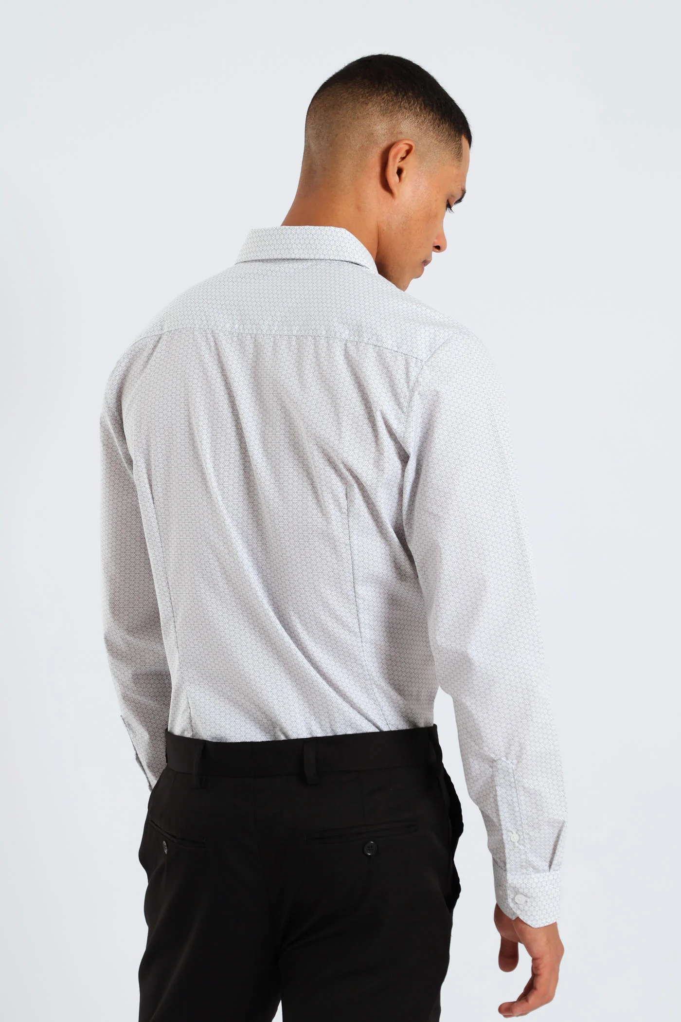 Long Sleeve Slim Geometric Pattern Print Shirt - Grey/White - Image 4