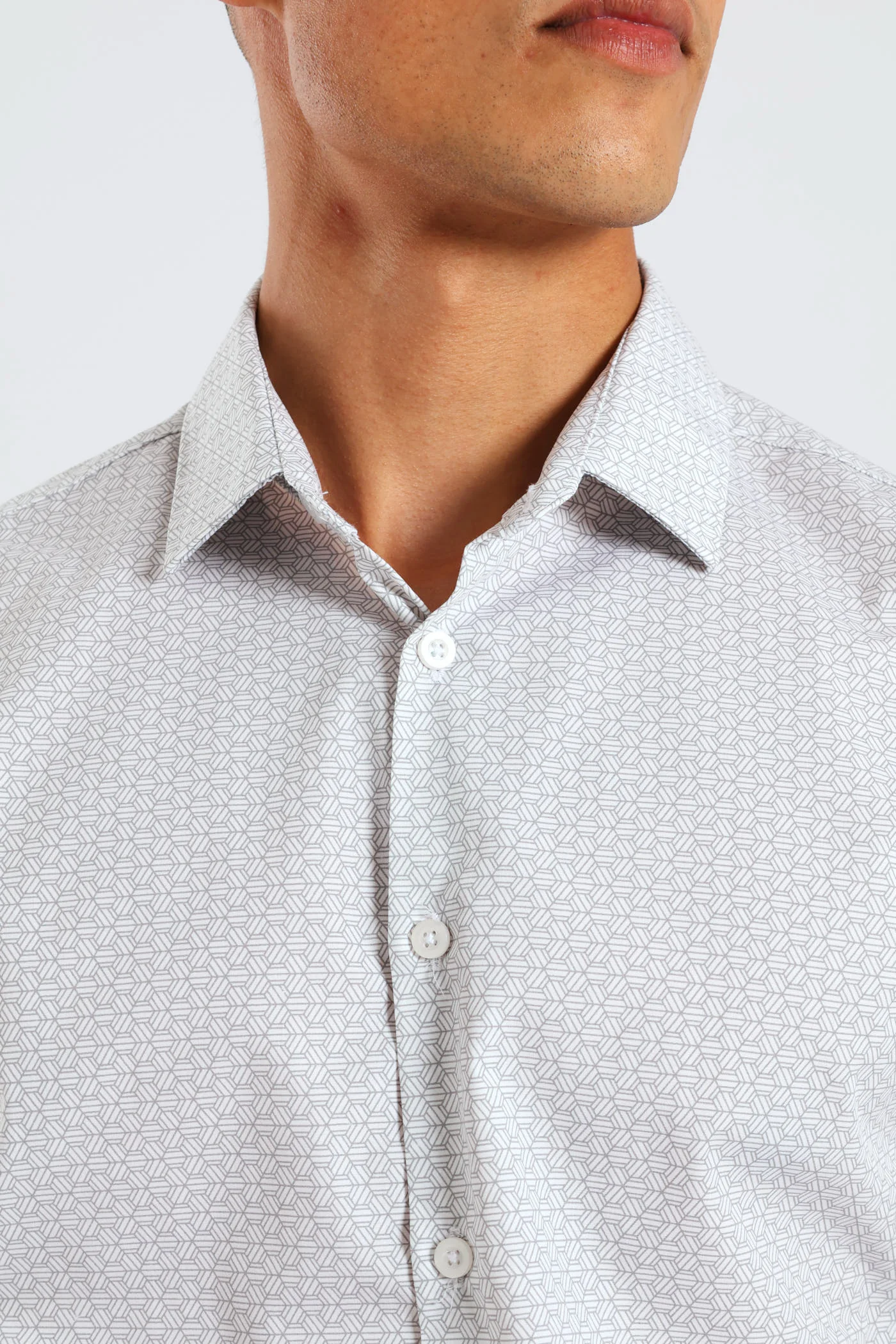 Long Sleeve Slim Geometric Pattern Print Shirt - Grey/White - Image 5