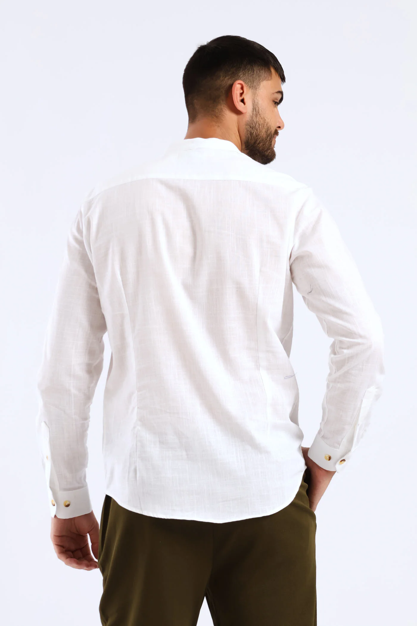 Long Sleeve Slim Linen Look Mandarin Shirt - White - Image 2