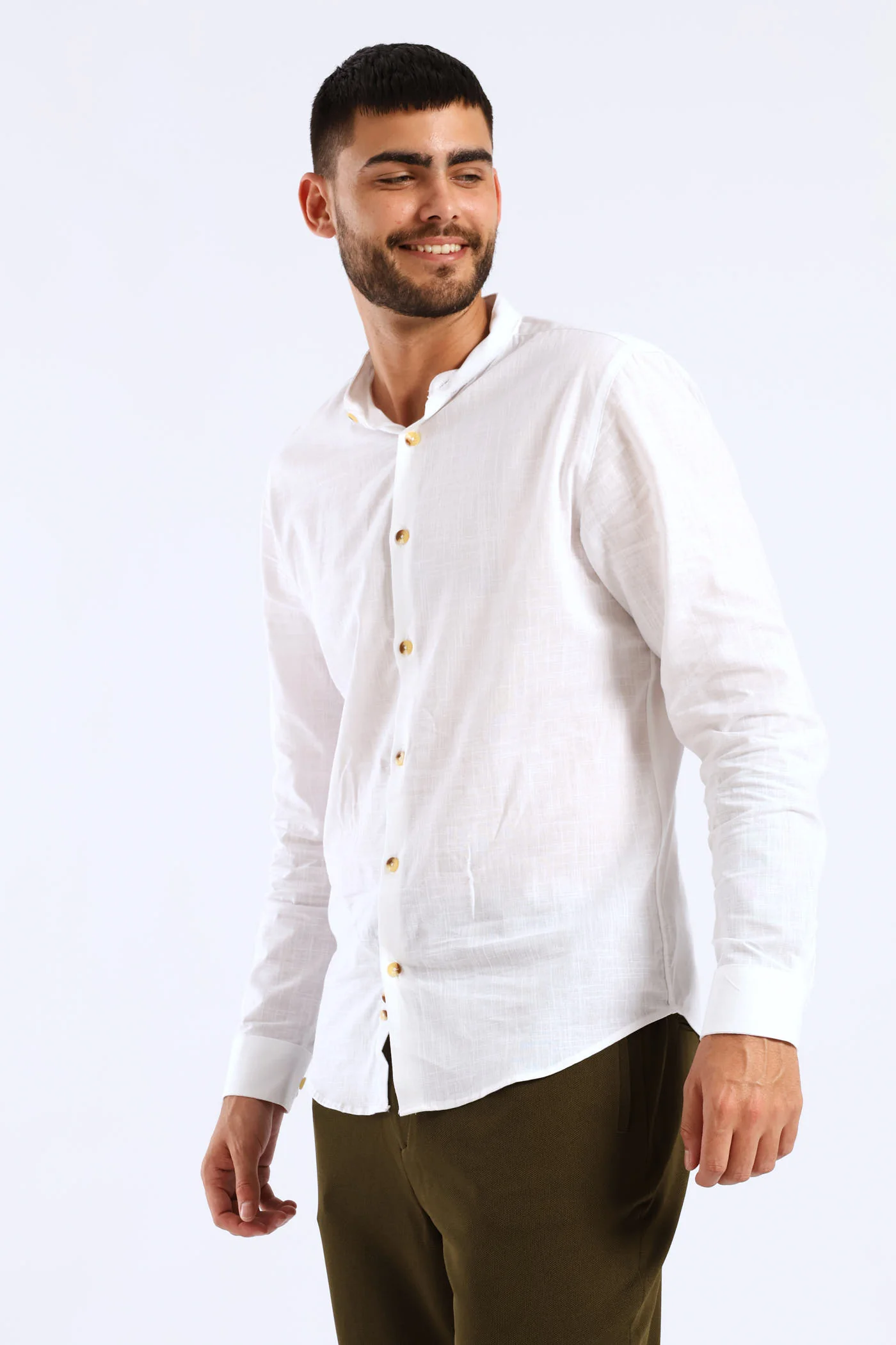 Long Sleeve Slim Linen Look Mandarin Shirt - White - Image 3