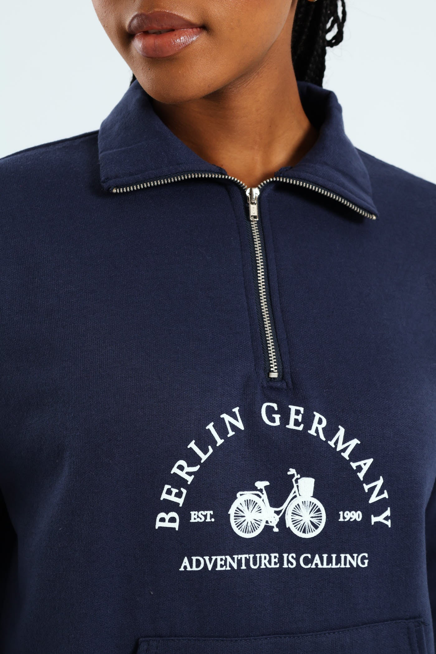 Long Sleeve Slogan Bicycle Zip Funnel Neck Pullover - French Navy - Image 2