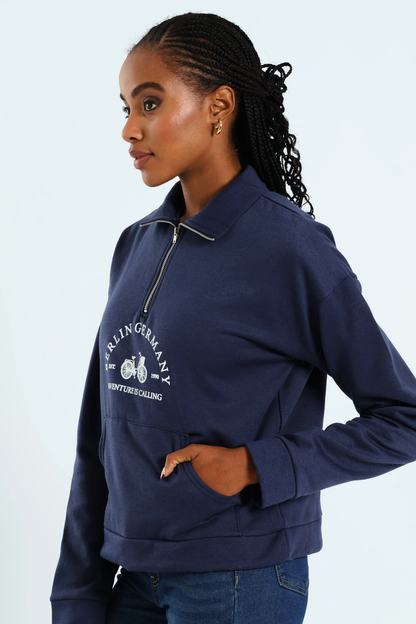 Long Sleeve Slogan Bicycle Zip Funnel Neck Pullover - French Navy - Image 4