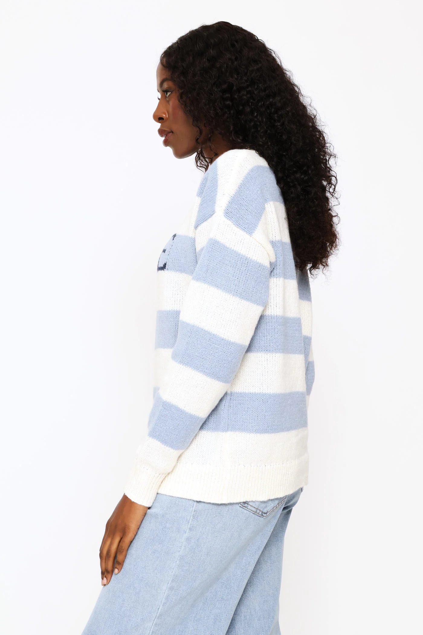 Long Sleeve Slogan Sweater - White/Blue - Image 3