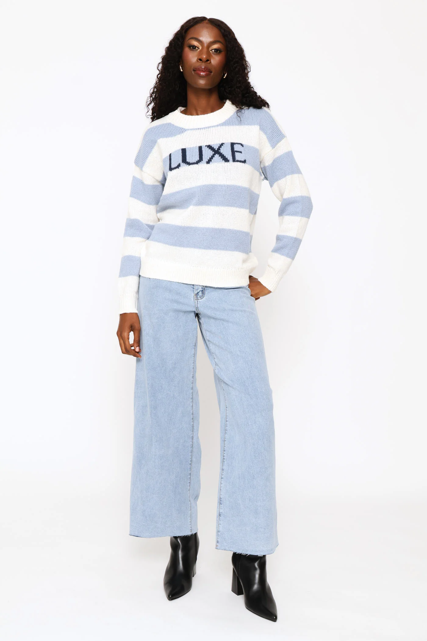 Long Sleeve Slogan Sweater - White/Blue - Image 5