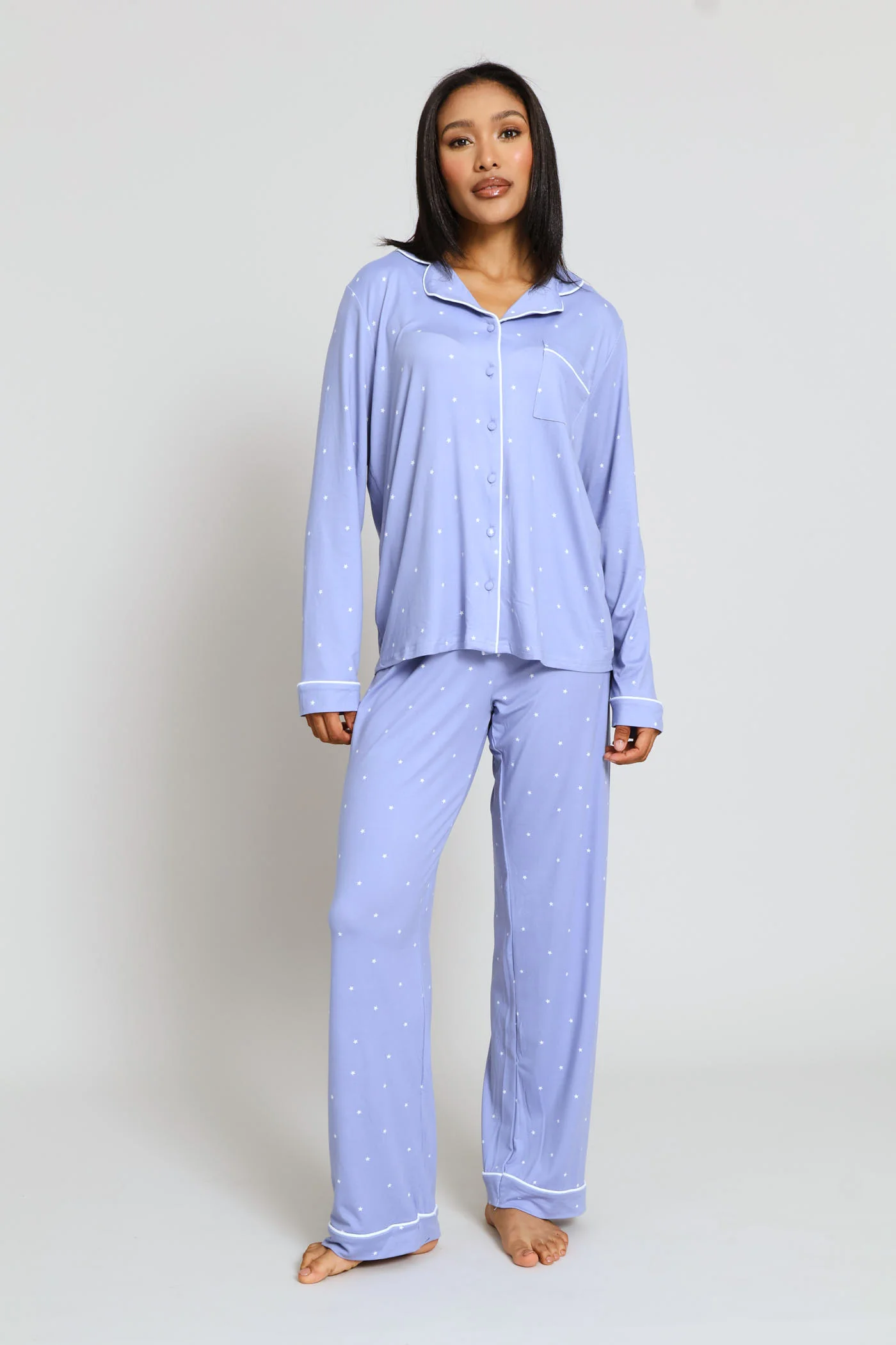 Long Sleeve Soft Touch Button Through & Knit Pant Set - Blue - Image 2