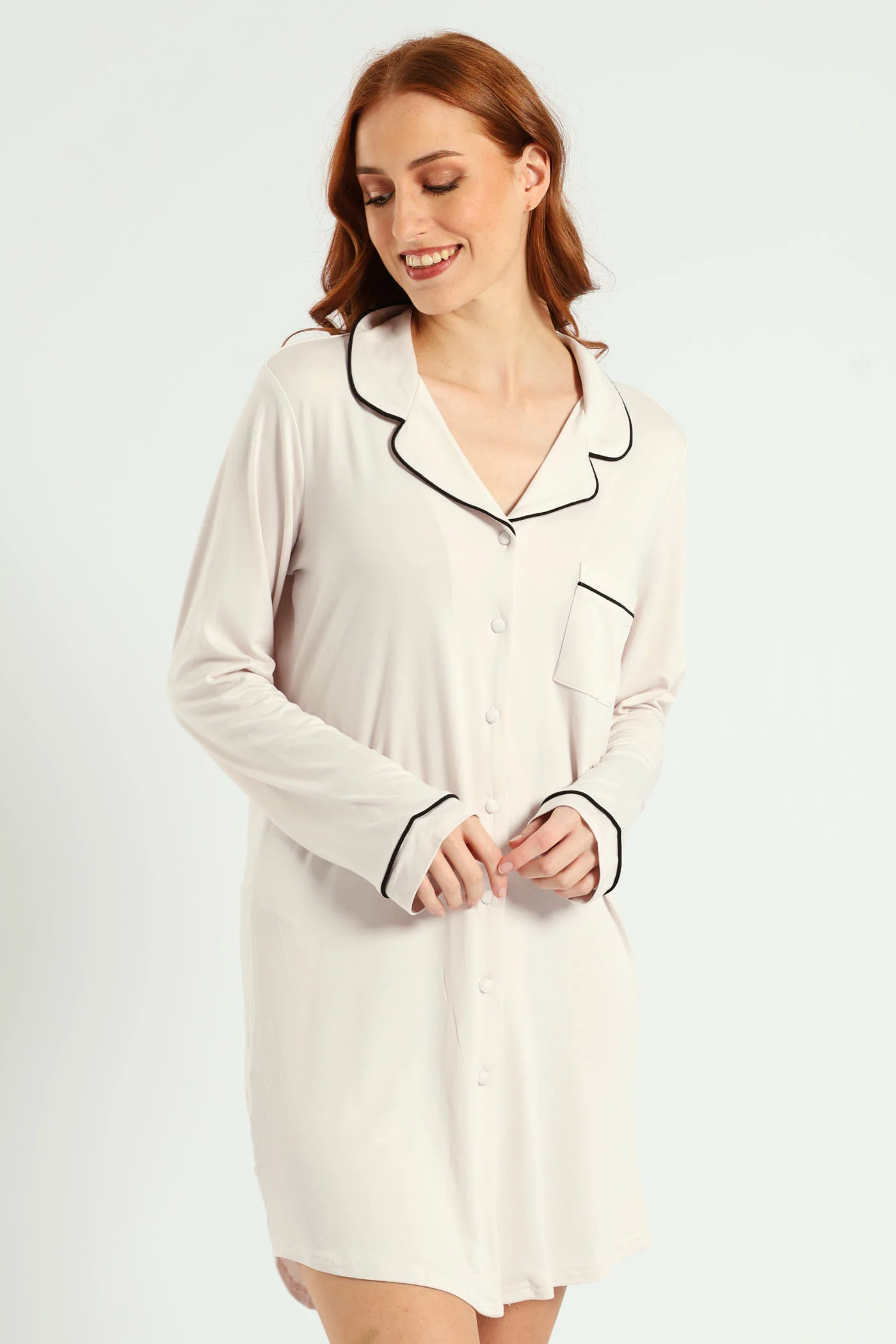 Long Sleeve Soft Touch Plain Sleepshirt - Light Grey - Image 2