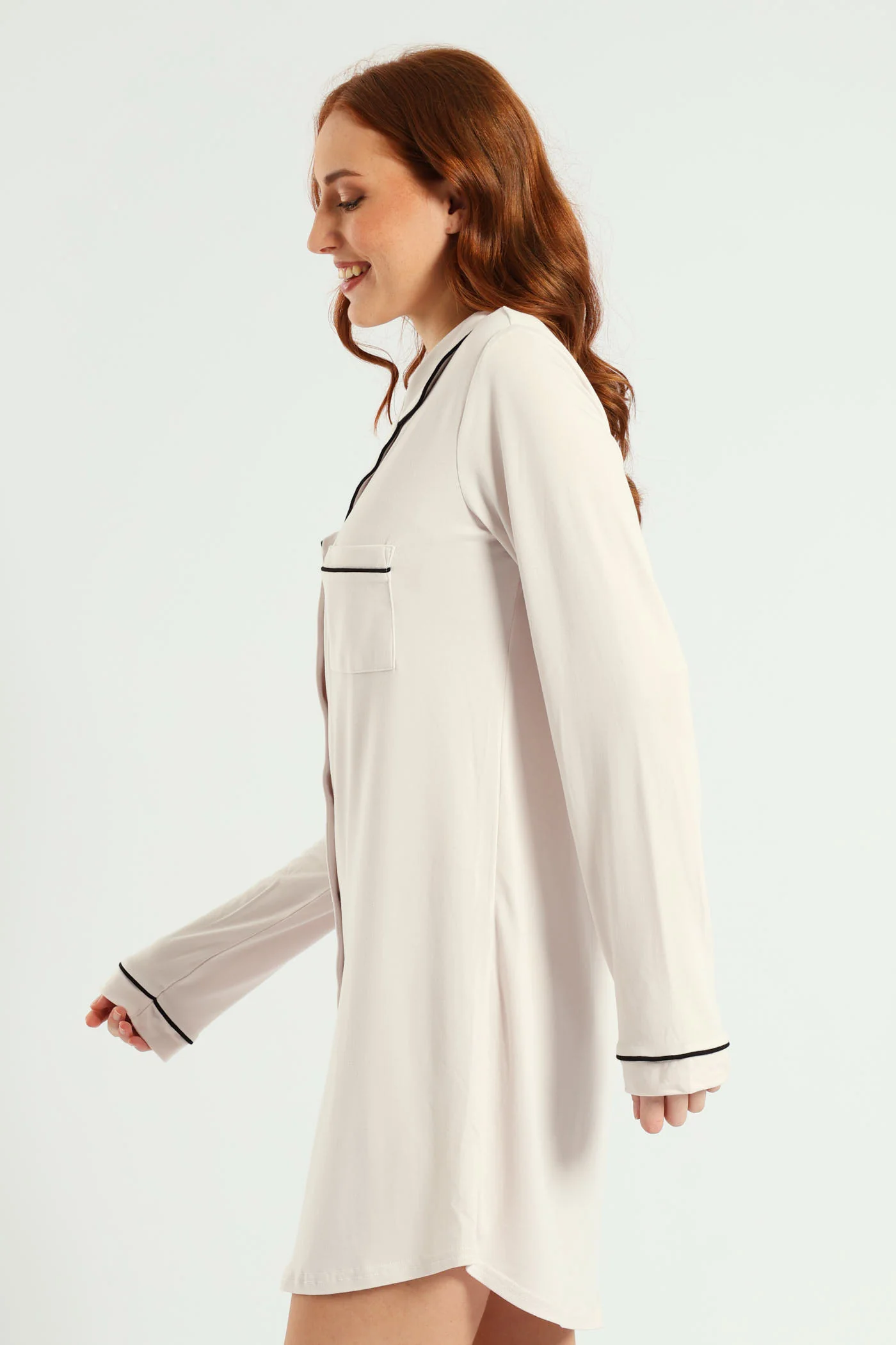 Long Sleeve Soft Touch Plain Sleepshirt - Light Grey - Image 3