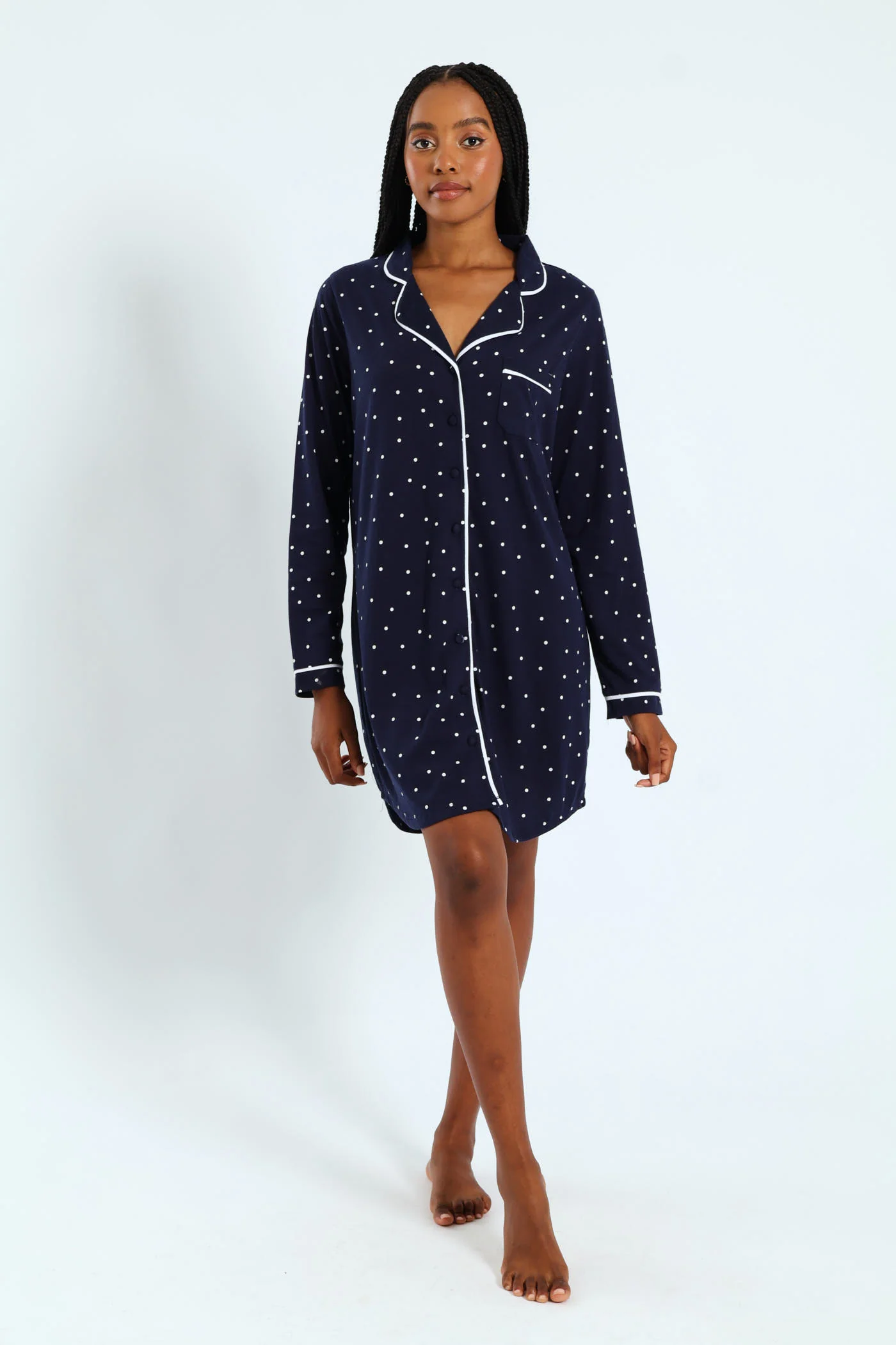 Long Sleeve Spot Knit Button Through Sleepshirt - Navy - Image 2