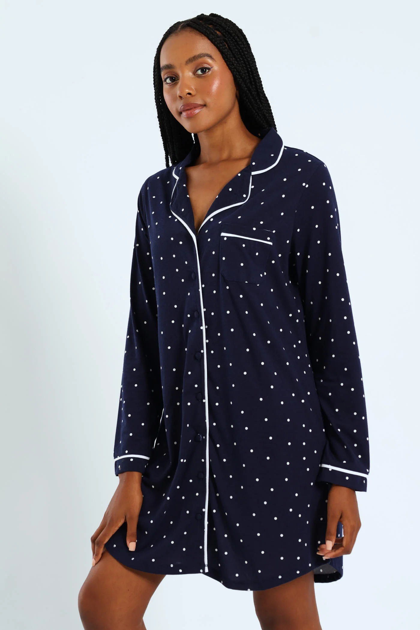 Long Sleeve Spot Knit Button Through Sleepshirt - Navy - Image 3