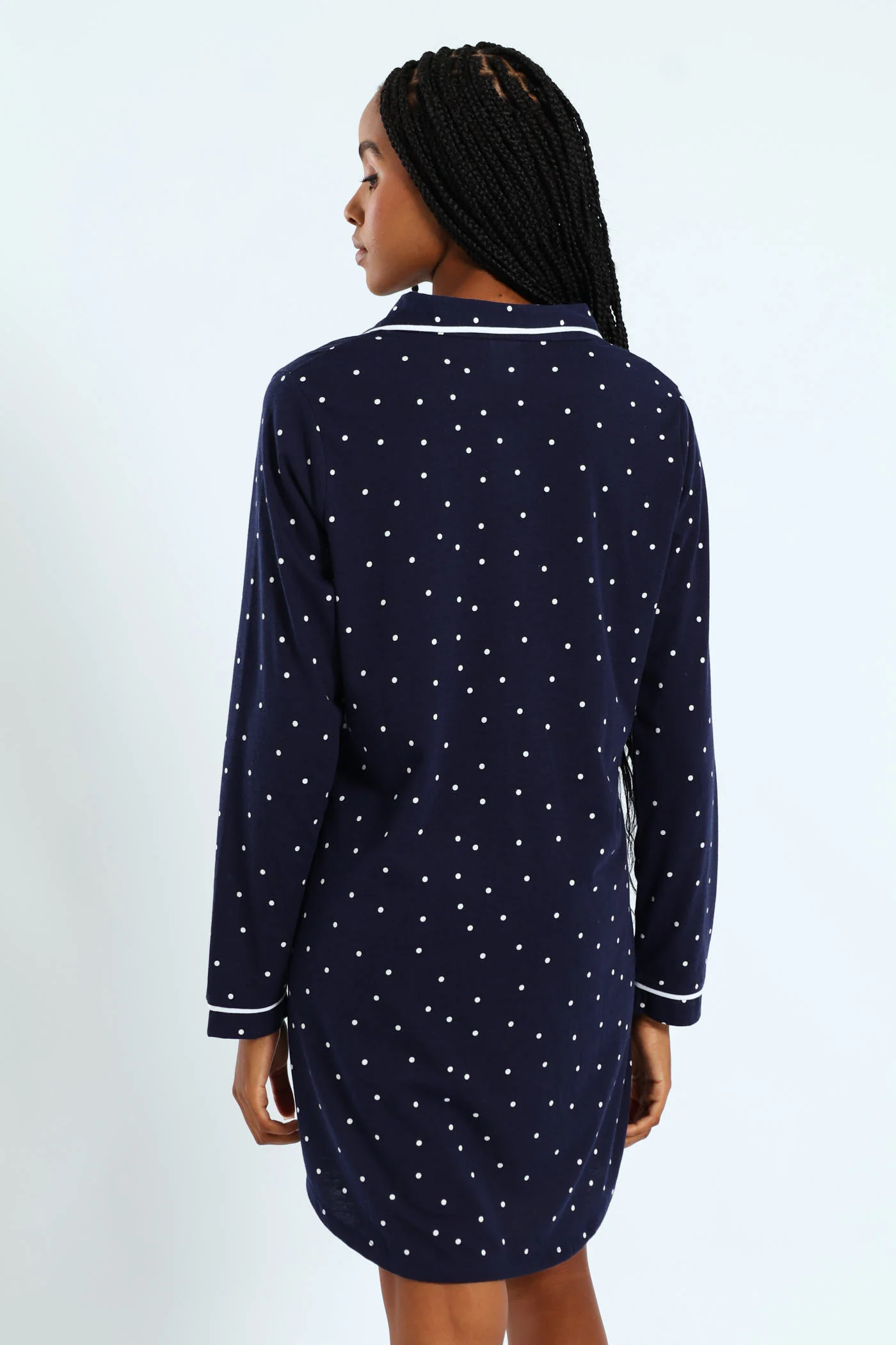 Long Sleeve Spot Knit Button Through Sleepshirt - Navy - Image 4