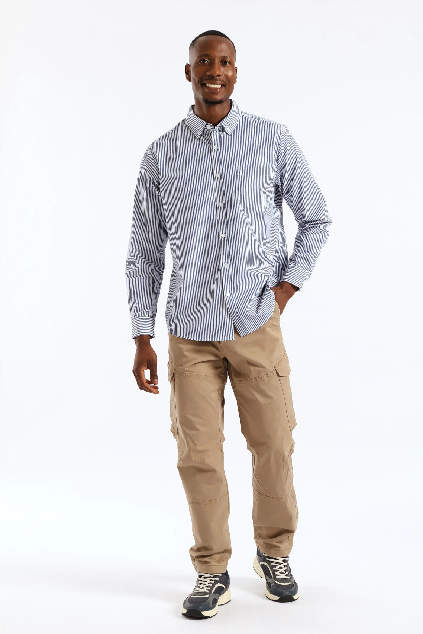 Long Sleeve Stripe Button Down Shirt - White/Blue - Image 4