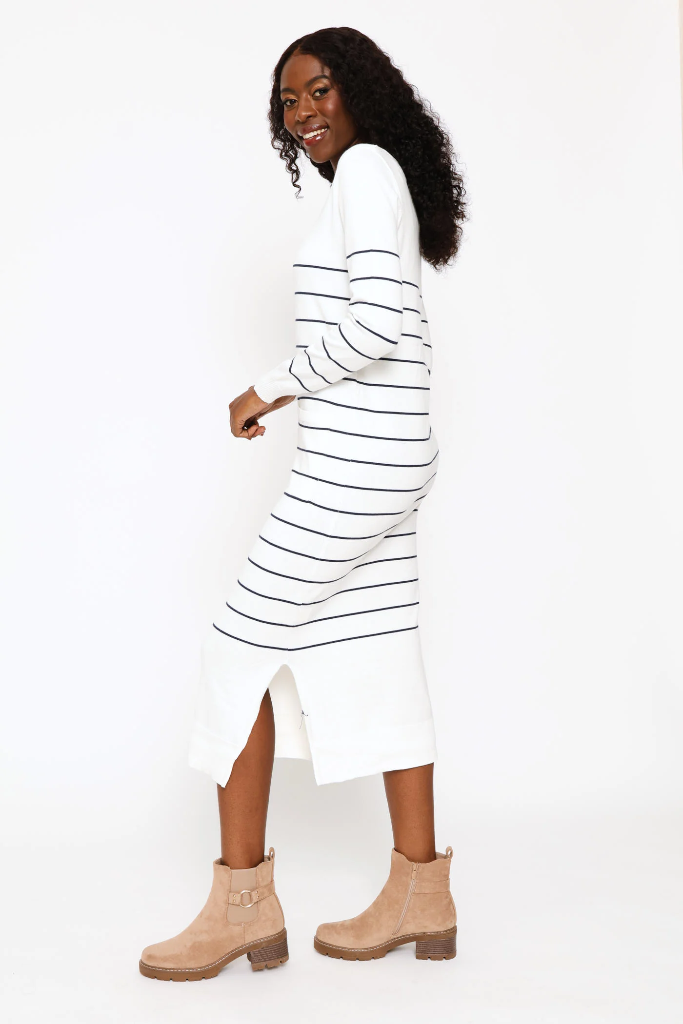 Long Sleeve Stripe Column Sweater Dress - White/Navy - Image 2